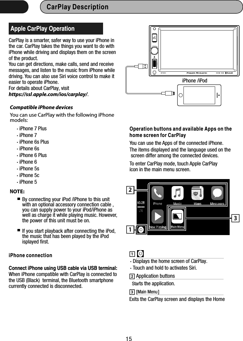 CarPlay is a smarter, safer way to use your iPhone in the car. CarPlay takes the things you want to do with iPhone while driving and displays them on the screen of the product.You can get directions, make calls, send and receive messages, and listen to the music from iPhone while driving. You can also use Siri voice control to make it easier to operate iPhone. For details about CarPlay, visit https://ssl.apple.com/ios/carplay/.Operation buttons and available Apps on the home screen for CarPlay15CarPlay Description  Apple CarPlay OperationCompatible iPhone devicesYou can use CarPlay with the following iPhone models:• iPhone 6s Plus• iPhone 6s• iPhone 6 Plus • iPhone 6• iPhone 5s• iPhone 5c• iPhone 5• iPhone 7 Plus• iPhone 7iPhone /iPodNOTE:By connecting your iPod /iPhone to this unit with an optional accessory connection cable , you can supply power to your iPod/iPhone as well as charge it while playing music. However, the power of this unit must be on.If you start playback after connecting the iPod, the music that has been played by the iPod isplayed ﬁrst. iPhone connectionConnect iPhone using USB cable via USB terminal:When iPhone compatible with CarPlay is connected to the USB (Black)  terminal, the Bluetooth smartphone currently connected is disconnected.You can use the Apps of the connected iPhone.The items displayed and the language used on the  screen differ among the connected devices. To enter CarPlay mode, touch Apple CarPlayicon in the main menu screen.312Main Menu1 • Displays the home screen of CarPlay.• Touch and hold to activates Siri.2 Application buttonsStarts the application.3 [Main Menu]Exits the CarPlay screen and displays the Home 