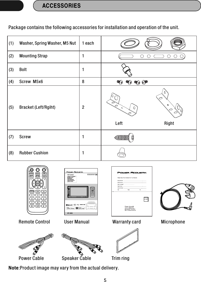 300 W  4CHCP -6 502 DIN 6. 5&apos;&apos; TFT M onito r MP3/ MP4 Pla yerAM/F M Radio Supp ort Blu etoot hSupp ort iPo d/iPh oneSupp ort Car PlayENCarPlay USBBT-P BT-MSengACCESSORIES Package contains the following accessories for installation and operation of the unit.Remote Control User Manual   Warranty card Power Cable    Trim ring  Note:Product image may vary from the actual delivery.5(1)  Washer, Spring Washer, M5 Nut 1 each(2)  Mounting Strap    1 (3)  Bolt      1(4)  Screw  M5x6   8(5)  Bracket (Left/Rgiht) 2(7)  Screw  1(8)  Rubber Cushion     1Left RightCar Play U S BBT-P BT-MSe ngMicrophone Speaker Cable   