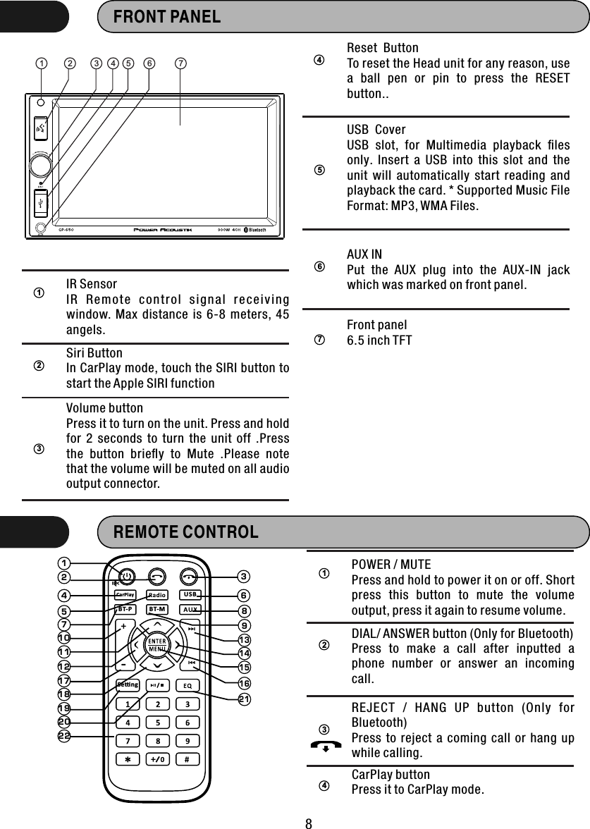 FRONT PANEL1IR SensorIR  R em o te  c ont rol  s ig n al  r ec e ivi ng window.  Max  distance  is  6-8  meters,  45 angels.2Siri ButtonIn CarPlay mode, touch the SIRI button to start the Apple SIRI function3Volume buttonPress it to turn on the unit. Press and hold for  2  seconds  to  turn  the  unit  off  .Press the  button  brieﬂy  to  Mute  .Please  note that the volume will be muted on all audio output connector.4Reset  ButtonTo reset the Head unit for any reason, use a  ball  pen  or  pin  to  press  the  RESET button.. 5USB  CoverUSB  slot,  for  Multimedia  playback  ﬁles only.  Insert  a  USB  into  this  slot  and  the unit  will  automatically  start  reading  and playback the card. * Supported Music File Format: MP3, WMA Files.6AUX INPut  the  AUX  plug  into  the  AUX-IN  jack which was marked on front panel.7Front panel6.5 inch TFTREMOTE CONTROL 8123457689101112131415161718192021221POWER / MUTEPress and hold to power it on or off. Short press  this  button  to  mute  the  volume output, press it again to resume volume.2DIAL/ ANSWER button (Only for Bluetooth)Press  to  make  a  call  after  inputted  a phone  number  or  answer  an  incoming call.3REJECT  /  HANG  UP  button  (Only  for Bluetooth)Press  to  reject  a  coming  call  or  hang  up while calling.4CarPlay button Press it to CarPlay mode.1 2 3 4 5 6 7CarPlay USBBT-P BT-MSeng