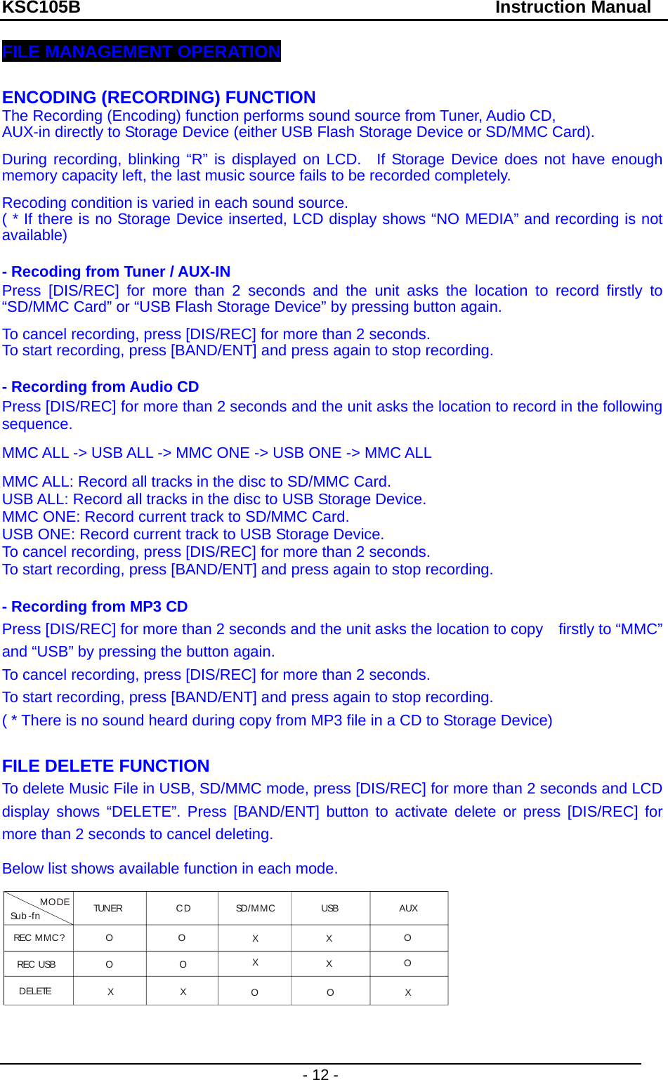 KSC105B                                               Instruction Manual - 12 - FILE MANAGEMENT OPERATION  ENCODING (RECORDING) FUNCTION   The Recording (Encoding) function performs sound source from Tuner, Audio CD,   AUX-in directly to Storage Device (either USB Flash Storage Device or SD/MMC Card). During recording, blinking “R” is displayed on LCD.  If Storage Device does not have enough memory capacity left, the last music source fails to be recorded completely. Recoding condition is varied in each sound source.   ( * If there is no Storage Device inserted, LCD display shows “NO MEDIA” and recording is not available)                                        - Recoding from Tuner / AUX-IN   Press [DIS/REC] for more than 2 seconds and the unit asks the location to record firstly to “SD/MMC Card” or “USB Flash Storage Device” by pressing button again. To cancel recording, press [DIS/REC] for more than 2 seconds.       To start recording, press [BAND/ENT] and press again to stop recording.  - Recording from Audio CD Press [DIS/REC] for more than 2 seconds and the unit asks the location to record in the following sequence.  MMC ALL -&gt; USB ALL -&gt; MMC ONE -&gt; USB ONE -&gt; MMC ALL MMC ALL: Record all tracks in the disc to SD/MMC Card. USB ALL: Record all tracks in the disc to USB Storage Device. MMC ONE: Record current track to SD/MMC Card.       USB ONE: Record current track to USB Storage Device. To cancel recording, press [DIS/REC] for more than 2 seconds. To start recording, press [BAND/ENT] and press again to stop recording.  - Recording from MP3 CD Press [DIS/REC] for more than 2 seconds and the unit asks the location to copy    firstly to “MMC” and “USB” by pressing the button again. To cancel recording, press [DIS/REC] for more than 2 seconds. To start recording, press [BAND/ENT] and press again to stop recording. ( * There is no sound heard during copy from MP3 file in a CD to Storage Device)  FILE DELETE FUNCTION To delete Music File in USB, SD/MMC mode, press [DIS/REC] for more than 2 seconds and LCD display shows “DELETE”. Press [BAND/ENT] button to activate delete or press [DIS/REC] for more than 2 seconds to cancel deleting. Below list shows available function in each mode. MODESu b - f nREC MMC?REC USBDELETETUN ER C D SD / M M C USB A UXOXOOOXXXOXXOOOX  