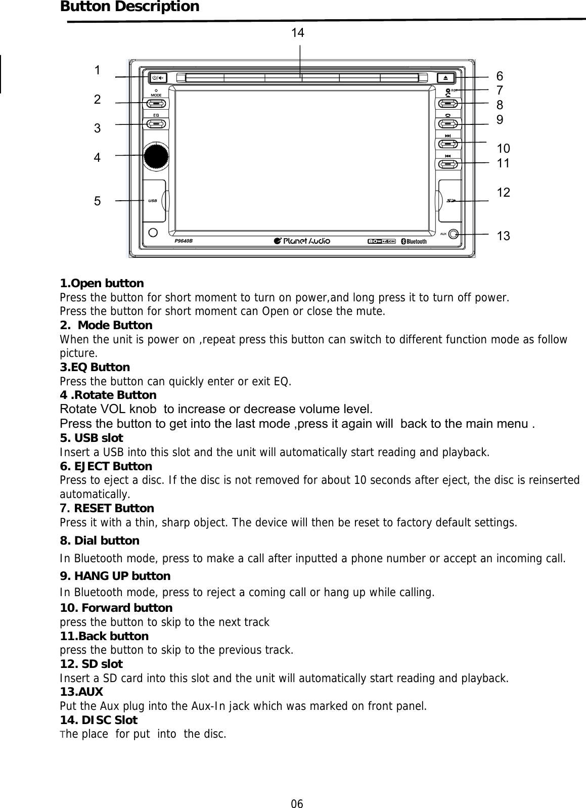    Button Description                      1.Open button Press the button for short moment to turn on power,and long press it to turn off power. Press the button for short moment can Open or close the mute. 2.  Mode Button When the unit is power on ,repeat press this button can switch to different function mode as follow picture. 3.EQ Button Press the button can quickly enter or exit EQ. 4 .Rotate Button Rotate VOL knob  to increase or decrease volume level. Press the button to get into the last mode ,press it again will  back to the main menu . 5. USB slot Insert a USB into this slot and the unit will automatically start reading and playback. 6. EJECT Button Press to eject a disc. If the disc is not removed for about 10 seconds after eject, the disc is reinserted automatically. 7. RESET Button Press it with a thin, sharp object. The device will then be reset to factory default settings. 8. Dial button In Bluetooth mode, press to make a call after inputted a phone number or accept an incoming call. 9. HANG UP button  In Bluetooth mode, press to reject a coming call or hang up while calling. 10. Forward button press the button to skip to the next track  11.Back button press the button to skip to the previous track. 12. SD slot Insert a SD card into this slot and the unit will automatically start reading and playback. 13.AUX Put the Aux plug into the Aux-In jack which was marked on front panel. 14. DISC Slot The place  for put  into  the disc.                                  06 1  2  3  4   5   6 7 8 9  10 11  12   13 14