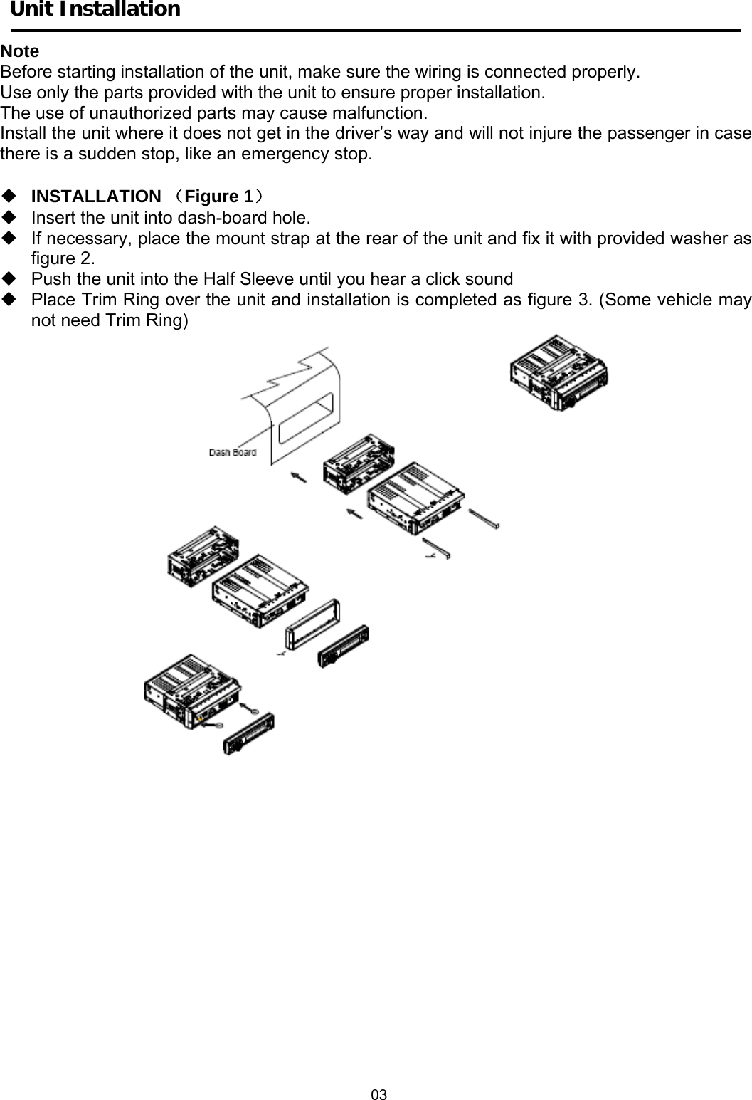       Unit Installation    Note Before starting installation of the unit, make sure the wiring is connected properly. Use only the parts provided with the unit to ensure proper installation.  The use of unauthorized parts may cause malfunction. Install the unit where it does not get in the driver’s way and will not injure the passenger in case there is a sudden stop, like an emergency stop.    INSTALLATION （Figure 1）   Insert the unit into dash-board hole.   If necessary, place the mount strap at the rear of the unit and fix it with provided washer as figure 2.   Push the unit into the Half Sleeve until you hear a click sound   Place Trim Ring over the unit and installation is completed as figure 3. (Some vehicle may not need Trim Ring)                                                                                                               03 