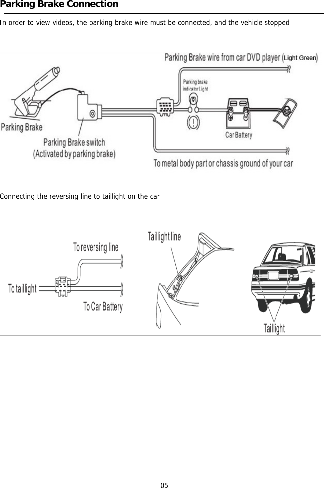     Parking Brake Connection    In order to view videos, the parking brake wire must be connected, and the vehicle stopped       Connecting the reversing line to taillight on the car                     05 