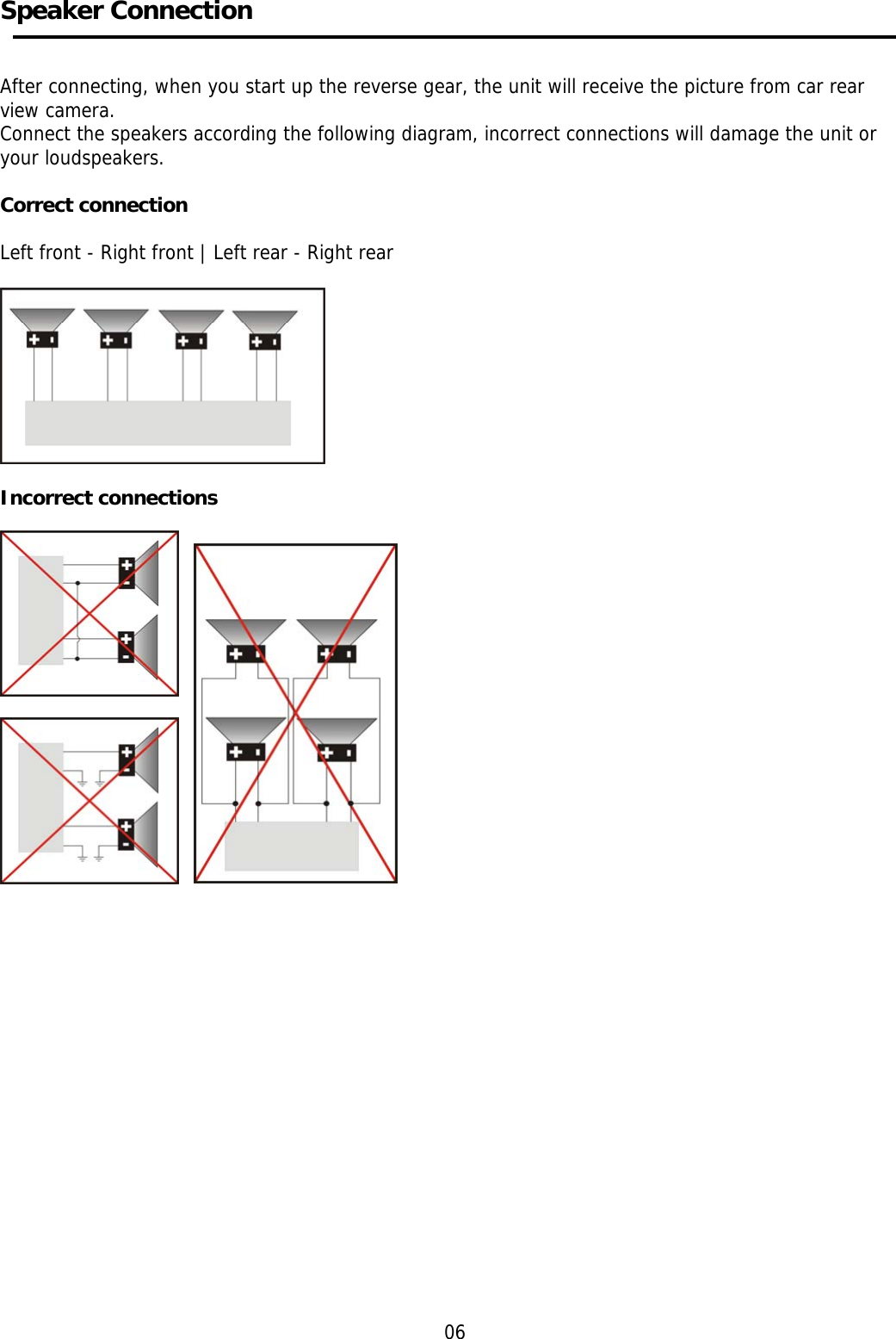     Speaker Connection   After connecting, when you start up the reverse gear, the unit will receive the picture from car rear view camera. Connect the speakers according the following diagram, incorrect connections will damage the unit or  your loudspeakers.  Correct connection  Left front - Right front | Left rear - Right rear    Incorrect connections                        06 