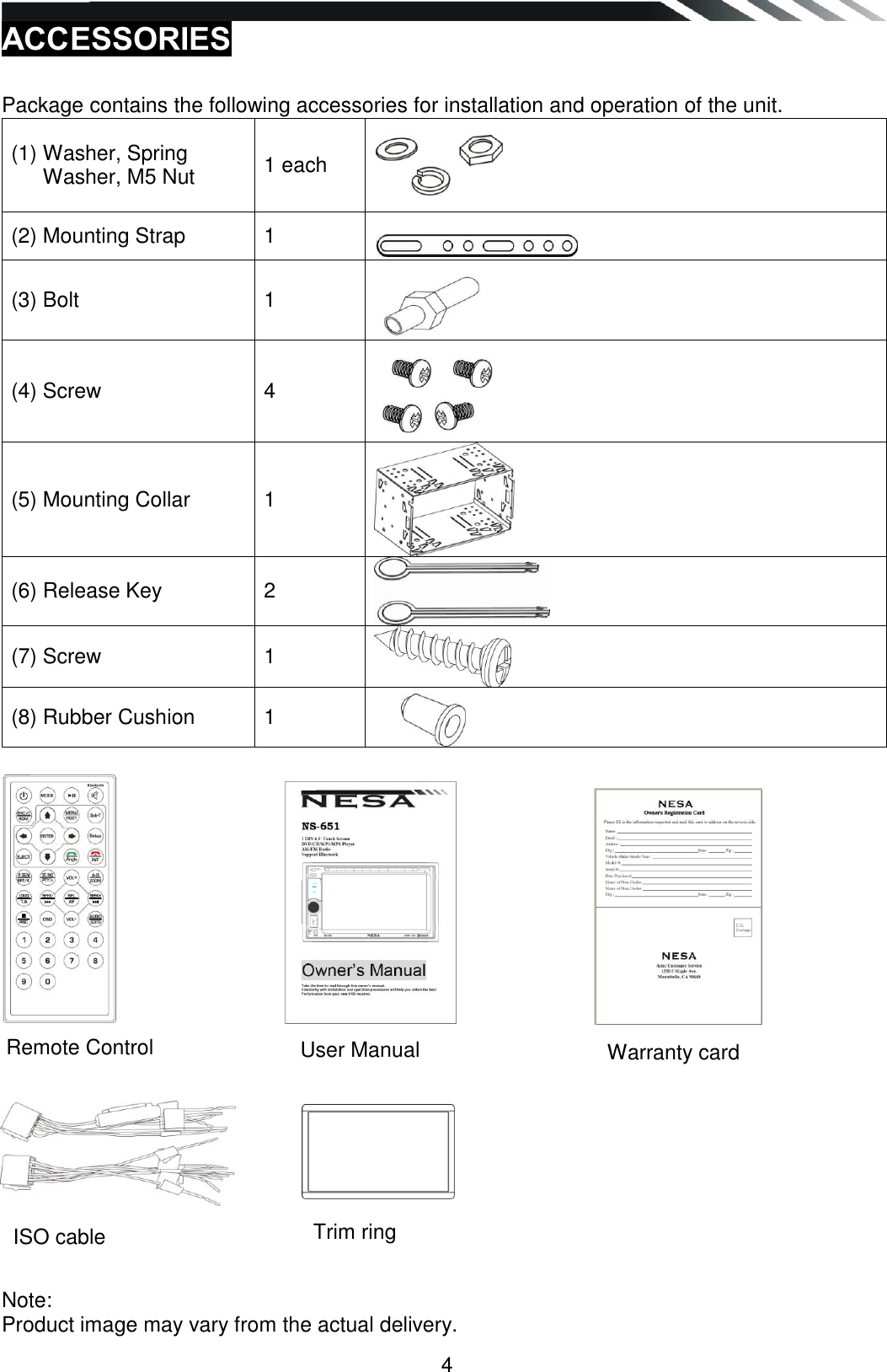   4 ACCESSORIES  Package contains the following accessories for installation and operation of the unit. (1) Washer, Spring Washer, M5 Nut 1 each  (2) Mounting Strap 1  (3) Bolt  1  (4) Screw  4  (5) Mounting Collar 1  (6) Release Key 2  (7) Screw  1  (8) Rubber Cushion  1                                                                                                                                     Note: Product image may vary from the actual delivery. Warranty card User Manual   Remote Control ISO cable    Trim ring   