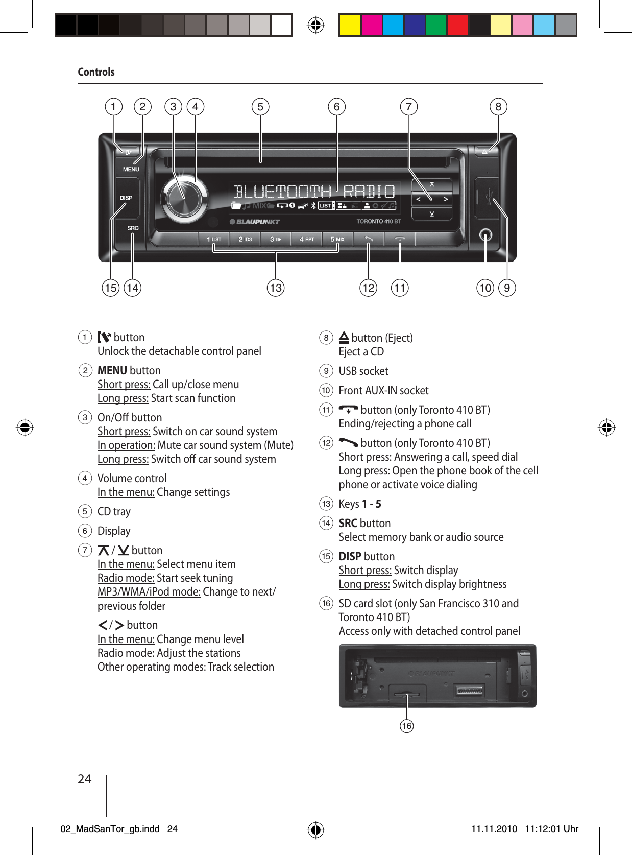 241   button Unlock the detachable control panel2 MENU button Short press: Call up/close menuLong press: Start scan function3 On/O  button Short press: Switch on car sound systemIn operation: Mute car sound system (Mute)Long press: Switch o  car sound system4 Volume controlIn the menu: Change settings5 CD tray6 Display7   /   buttonIn the menu: Select menu itemRadio mode: Start seek tuningMP3/WMA/iPod mode: Change to next/previous folder  /   buttonIn the menu: Change menu levelRadio mode: Adjust the stationsOther operating modes: Track selection8   button (Eject) Eject a CD9 USB socket:  Front AUX-IN socket;  button (only Toronto 410 BT)Ending/rejecting a phone call&lt;  button (only Toronto 410 BT)Short press: Answering a call, speed dialLong press: Open the phone book of the cell phone or activate voice dialing= Keys 1 - 5&gt; SRC button Select memory bank or audio source? DISP button Short press: Switch displayLong press: Switch display brightness@  SD card slot (only San Francisco 310 and  Toronto  410  BT) Access only with detached control panel16Controls3745 6281101112 91415 1302_MadSanTor_gb.indd 2402_MadSanTor_gb.indd   2411.11.2010 11:12:01 Uhr11.11.2010   11:12:01 Uhr