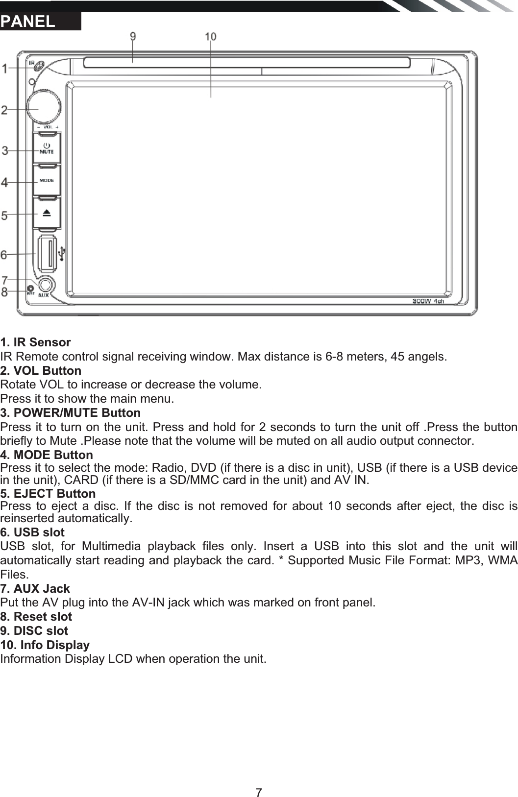   7PANEL   1. IR Sensor IR Remote control signal receiving window. Max distance is 6-8 meters, 45 angels. 2. VOL Button Rotate VOL to increase or decrease the volume.  Press it to show the main menu. 3. POWER/MUTE Button Press it to turn on the unit. Press and hold for 2 seconds to turn the unit off .Press the button briefly to Mute .Please note that the volume will be muted on all audio output connector. 4. MODE Button Press it to select the mode: Radio, DVD (if there is a disc in unit), USB (if there is a USB device in the unit), CARD (if there is a SD/MMC card in the unit) and AV IN. 5. EJECT Button Press to eject a disc. If the disc is not removed for about 10 seconds after eject, the disc is reinserted automatically. 6. USB slot  USB slot, for Multimedia playback files only. Insert a USB into this slot and the unit will automatically start reading and playback the card. * Supported Music File Format: MP3, WMA Files. 7. AUX Jack Put the AV plug into the AV-IN jack which was marked on front panel. 8. Reset slot 9. DISC slot 10. Info Display Information Display LCD when operation the unit.       