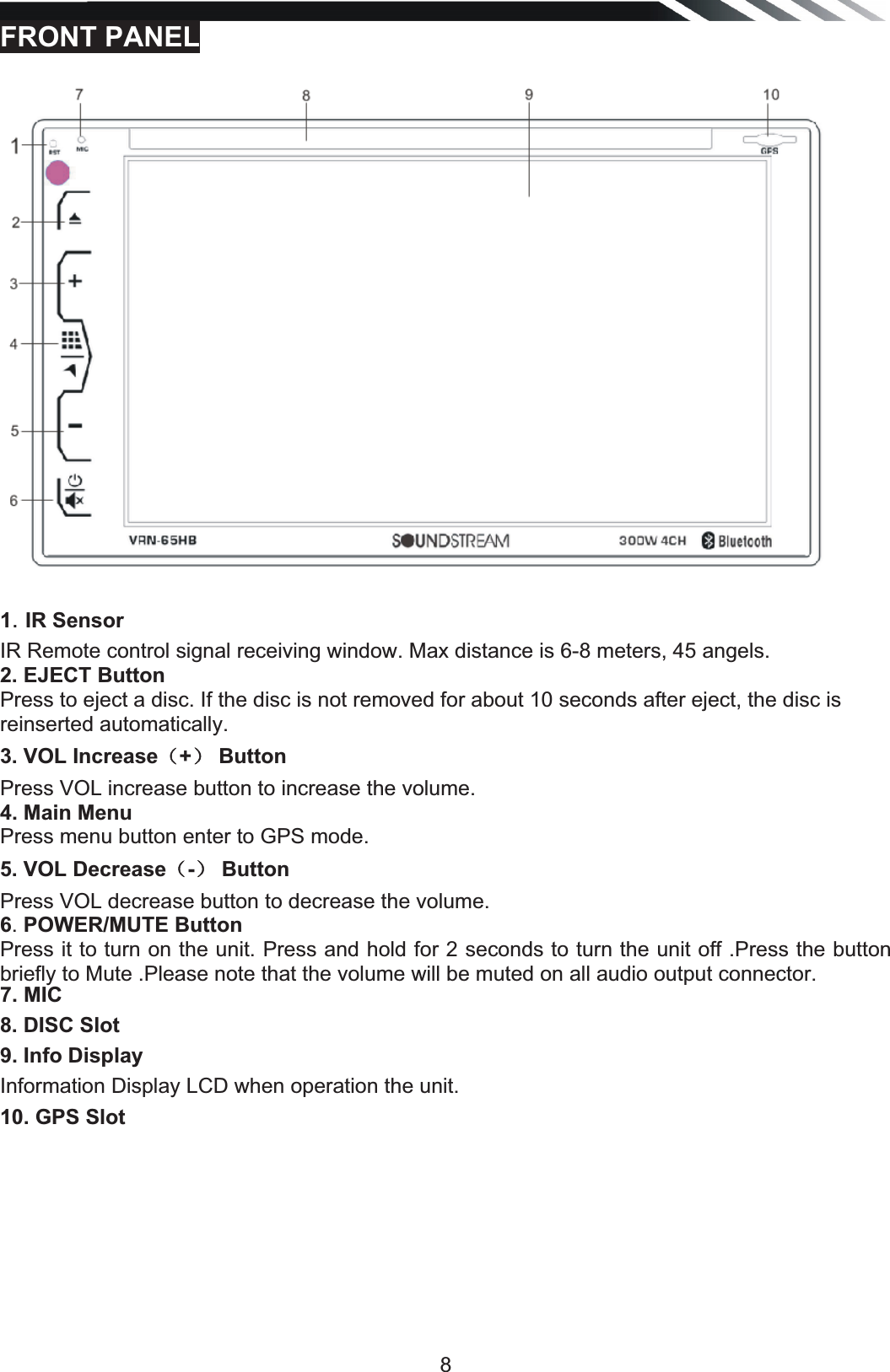   8FRONT PANEL 1. IR Sensor IR Remote control signal receiving window. Max distance is 6-8 meters, 45 angels. 2. EJECT Button Press to eject a disc. If the disc is not removed for about 10 seconds after eject, the disc is reinserted automatically. 3. VOL Increase˄+˅ Button Press VOL increase button to increase the volume.  4. Main Menu Press menu button enter to GPS mode. 5. VOL Decrease˄-˅ Button Press VOL decrease button to decrease the volume.  6. POWER/MUTE Button Press it to turn on the unit. Press and hold for 2 seconds to turn the unit off .Press the button briefly to Mute .Please note that the volume will be muted on all audio output connector. 7. MIC 8. DISC Slot 9. Info Display Information Display LCD when operation the unit. 10. GPS Slot       