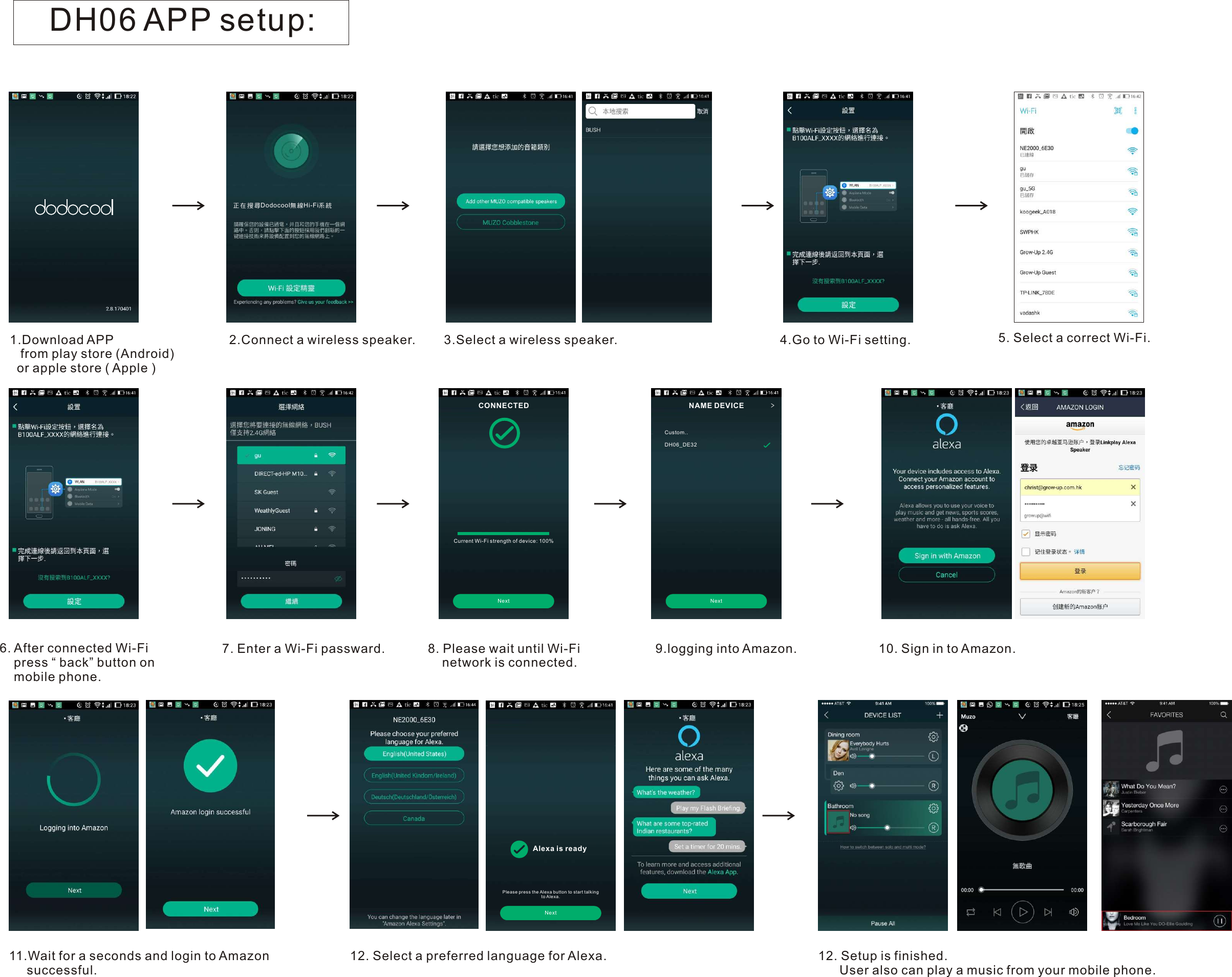 DH06 APP setup:1.Download APP   from play store (Android)  or apple store ( Apple )2.Connect a wireless speaker. 5. Select a correct Wi-Fi.正 在 搜 尋 Dodocool無 線 Hi-Fi系 統7. Enter a Wi-Fi passward.6. After connected Wi-Fi    press “ back” button on    mobile phone.9.logging into Amazon. 10. Sign in to Amazon.8. Please wait until Wi-Fi    network is connected.11.Wait for a seconds and login to Amazon     successful.12. Setup is finished.      User also can play a music from your mobile phone.3.Select a wireless speaker. 4.Go to Wi-Fi setting.Current Wi-Fi strength of device: 100%CONNECTEDNextCustom..DH06_DE32NAME DEVICENext&gt;12. Select a preferred language for Alexa.Alexa is readyNextPlease press the Alexa button to start talkingto Alexa.