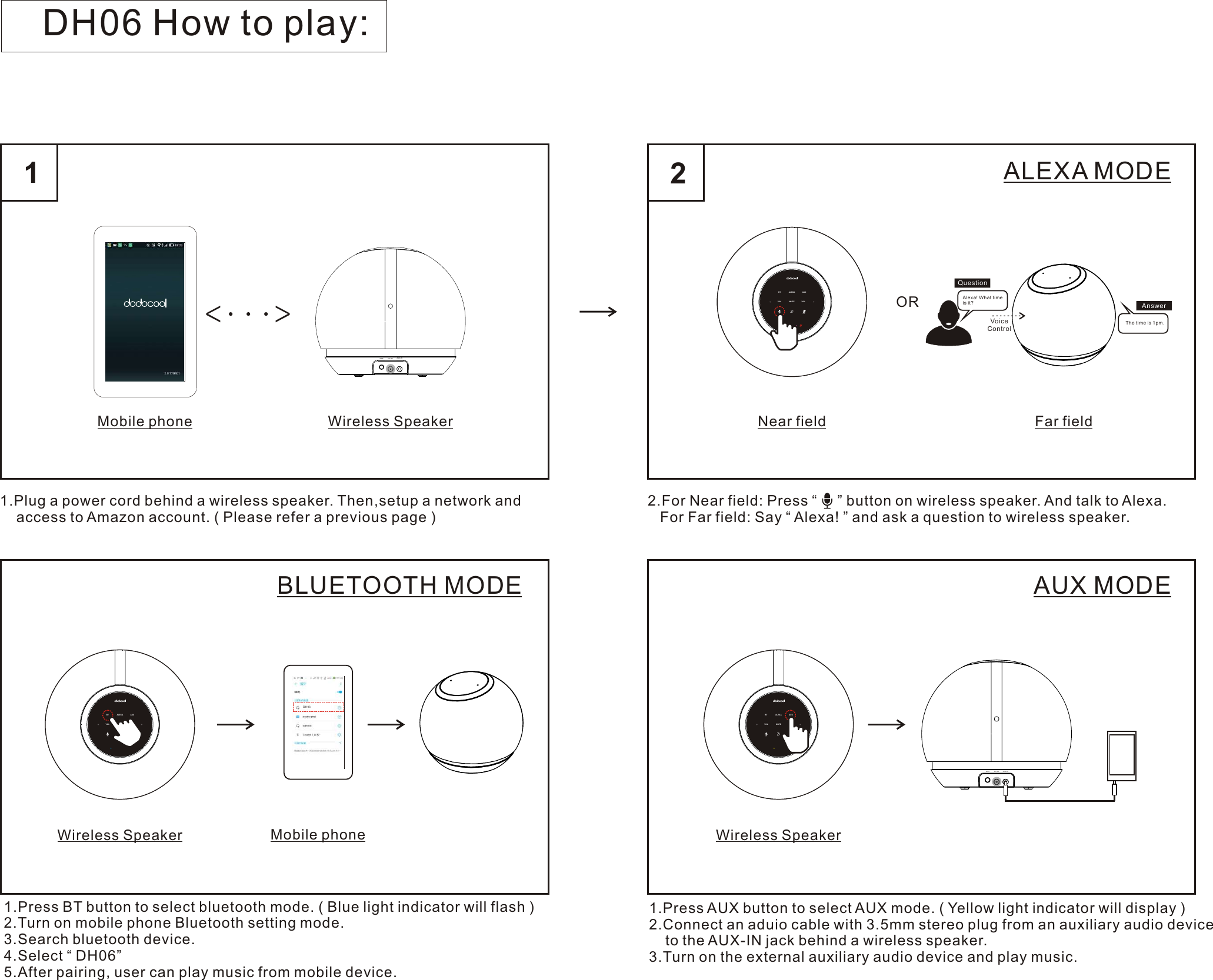 DH06 How to play:&lt;&lt;1.Plug a power cord behind a wireless speaker. Then,setup a network and     access to Amazon account. ( Please refer a previous page )1Wireless SpeakerMobile phone2WPS AUX-INDC12V AUXBTMUTEALEXAVOL VOLZZNear fieldOR2.For Near field: Press “     ” button on wireless speaker. And talk to Alexa.   For Far field: Say “ Alexa! ” and ask a question to wireless speaker.ALEXA MODEFar fieldVoice ControlQuestionAnswerAlexa! What timeis it?The time is 1pm.BLUETOOTH MODEAUXBTMUTEALEXAVOL VOLZZWireless Speaker Mobile phone1.Press BT button to select bluetooth mode. ( Blue light indicator will flash )2.Turn on mobile phone Bluetooth setting mode.3.Search bluetooth device. 4.Select “ DH06”5.After pairing, user can play music from mobile device.DH06AUX MODE1.Press AUX button to select AUX mode. ( Yellow light indicator will display )2.Connect an aduio cable with 3.5mm stereo plug from an auxiliary audio device    to the AUX-IN jack behind a wireless speaker.3.Turn on the external auxiliary audio device and play music.AUXBTMUTEALEXAVOL VOLZZWireless SpeakerWPS AUX-INDC12V 
