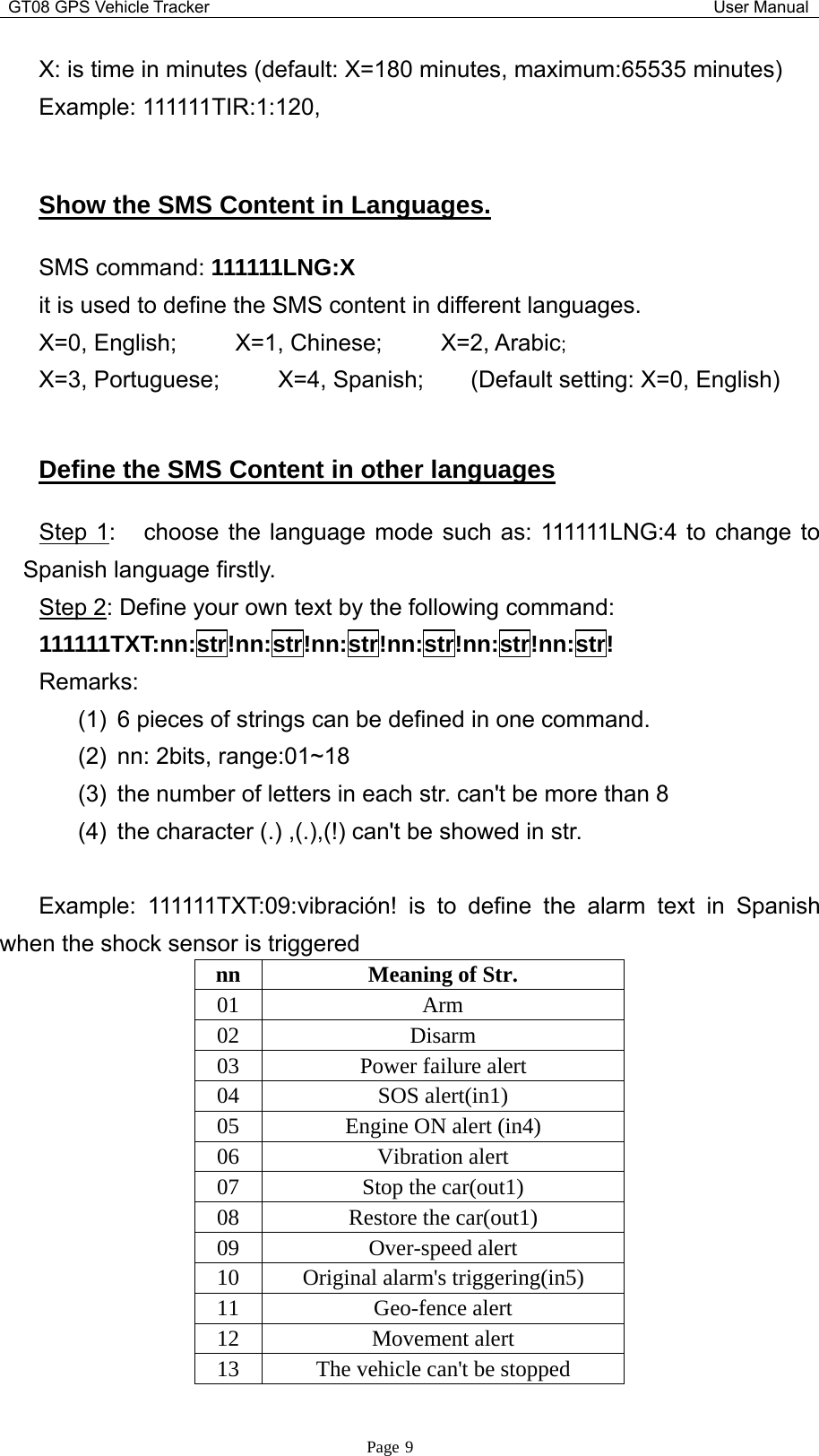 GT08 GPS Vehicle Tracker User ManualPage 9X: is time in minutes (default: X=180 minutes, maximum:65535 minutes)Example: 111111TIR:1:120,Show the SMS Content in Languages.SMS command: 111111LNG:Xit is used to define the SMS content in different languages.X=0, English; X=1, Chinese; X=2, Arabic;X=3, Portuguese; X=4, Spanish; (Default setting: X=0, English)Define the SMS Content in other languagesStep 1: choose the language mode such as: 111111LNG:4 to change toSpanish language firstly.Step 2: Define your own text by the following command:111111TXT:nn:str!nn:str!nn:str!nn:str!nn:str!nn:str!Remarks:(1) 6 pieces of strings can be defined in one command.(2) nn: 2bits, range:01~18(3) the number of letters in each str. can&apos;t be more than 8(4) the character (.) ,(.),(!) can&apos;t be showed in str.Example: 111111TXT:09:vibración! is to define the alarm text in Spanishwhen the shock sensor is triggerednn Meaning of Str.01 Arm02 Disarm03 Power failure alert04 SOS alert(in1)05 Engine ON alert (in4)06 Vibration alert07 Stop the car(out1)08 Restore the car(out1)09 Over-speed alert10 Original alarm&apos;s triggering(in5)11 Geo-fence alert12 Movement alert13 The vehicle can&apos;t be stopped