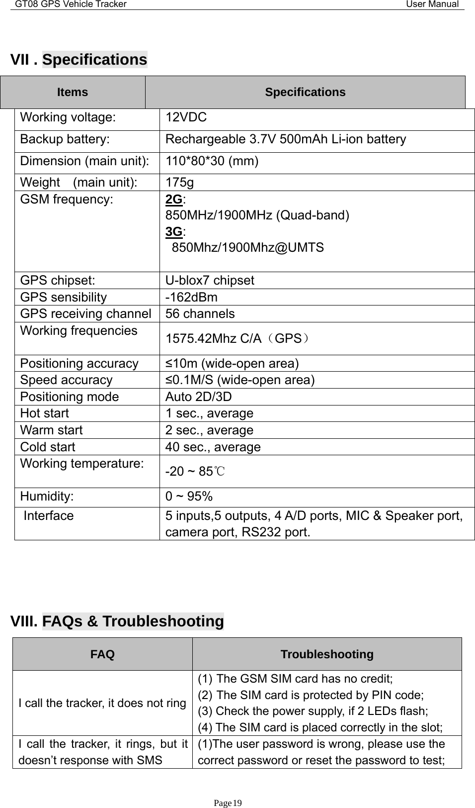 GT08 GPS Vehicle Tracker User ManualPage19VII . SpecificationsItems SpecificationsWorking voltage: 12VDCBackup battery: Rechargeable 3.7V 500mAh Li-ion batteryDimension (main unit): 110*80*30 (mm)Weight (main unit): 175gGSM frequency: 2G:850MHz/1900MHz (Quad-band)3G:850Mhz/1900Mhz@UMTSGPS chipset: U-blox7 chipsetGPS sensibility -162dBmGPS receiving channel 56 channelsWorking frequencies 1575.42Mhz C/A（GPS）Positioning accuracy ≤10m (wide-open area)Speed accuracy ≤0.1M/S (wide-open area)Positioning mode Auto 2D/3DHot start 1 sec., averageWarm start 2 sec., averageCold start 40 sec., averageWorking temperature: -20 ~ 85℃Humidity: 0 ~ 95%Interface 5 inputs,5 outputs, 4 A/D ports, MIC &amp; Speaker port,camera port, RS232 port.VIII. FAQs &amp;TroubleshootingFAQ TroubleshootingI call the tracker, it does not ring(1) The GSM SIM card has no credit;(2) The SIM card is protected by PIN code;(3) Check the power supply, if 2 LEDs flash;(4) The SIM card is placed correctly in the slot;I call the tracker, it rings, but itdoesn’t response with SMS(1)The user password is wrong, please use thecorrect password or reset the password to test;