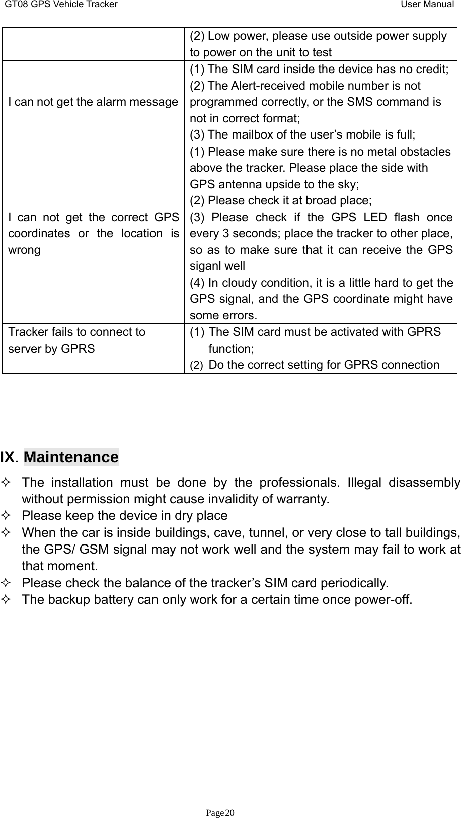 GT08 GPS Vehicle Tracker User ManualPage20(2) Low power, please use outside power supplyto power on the unit to testI can not get the alarm message(1) The SIM card inside the device has no credit;(2) The Alert-received mobile number is notprogrammed correctly, or the SMS command isnot in correct format;(3) The mailbox of the user’s mobile is full;I can not get the correct GPScoordinates or the location iswrong(1) Please make sure there is no metal obstaclesabove the tracker. Please place the side withGPS antenna upside to the sky;(2) Please check it at broad place;(3) Please check if the GPS LED flash onceevery 3 seconds; place the tracker to other place,so as to make sure that it can receive the GPSsiganl well(4) In cloudy condition, it is a little hard to get theGPS signal, and the GPS coordinate might havesome errors.Tracker fails to connect toserver by GPRS(1) The SIM card must be activated with GPRSfunction;(2) Do the correct setting for GPRS connectionIX.MaintenanceThe installation must be done by the professionals. Illegal disassemblywithout permission might cause invalidity of warranty.Please keep the device in dry placeWhen the car is inside buildings, cave, tunnel, or very close to tall buildings,the GPS/ GSM signal may not work well and the system may fail to work atthat moment.Please check the balance of the tracker’s SIM card periodically.The backup battery can only work for a certain time once power-off.