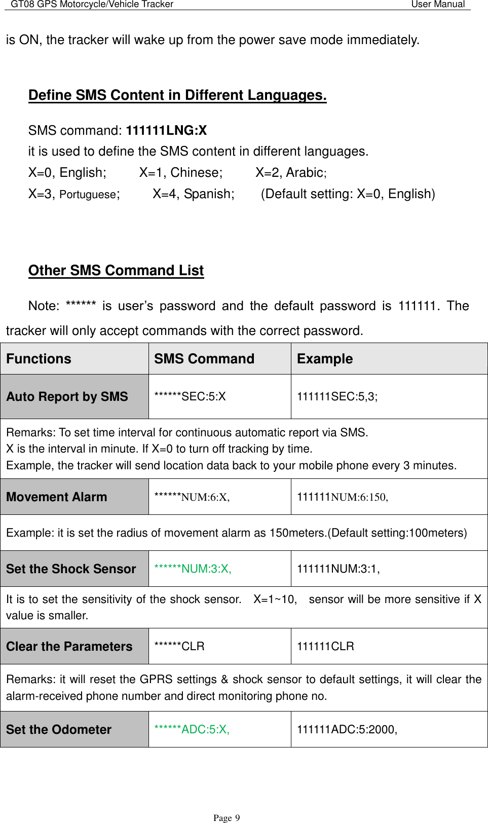 GT08 GPS Motorcycle/Vehicle Tracker                                                                                           User Manual                                     Page   9 is ON, the tracker will wake up from the power save mode immediately.  Define SMS Content in Different Languages. SMS command: 111111LNG:X it is used to define the SMS content in different languages.   X=0, English;          X=1, Chinese;          X=2, Arabic; X=3, Portuguese;          X=4, Spanish;        (Default setting: X=0, English)   Other SMS Command List Note:  ******  is  user‟s  password  and  the  default  password  is  111111.  The tracker will only accept commands with the correct password. Functions SMS Command Example Auto Report by SMS ******SEC:5:X 111111SEC:5,3; Remarks: To set time interval for continuous automatic report via SMS.   X is the interval in minute. If X=0 to turn off tracking by time.   Example, the tracker will send location data back to your mobile phone every 3 minutes. Movement Alarm ******NUM:6:X, 111111NUM:6:150, Example: it is set the radius of movement alarm as 150meters.(Default setting:100meters) Set the Shock Sensor ******NUM:3:X, 111111NUM:3:1, It is to set the sensitivity of the shock sensor.    X=1~10,    sensor will be more sensitive if X value is smaller. Clear the Parameters ******CLR 111111CLR Remarks: it will reset the GPRS settings &amp; shock sensor to default settings, it will clear the alarm-received phone number and direct monitoring phone no. Set the Odometer ******ADC:5:X, 111111ADC:5:2000, 