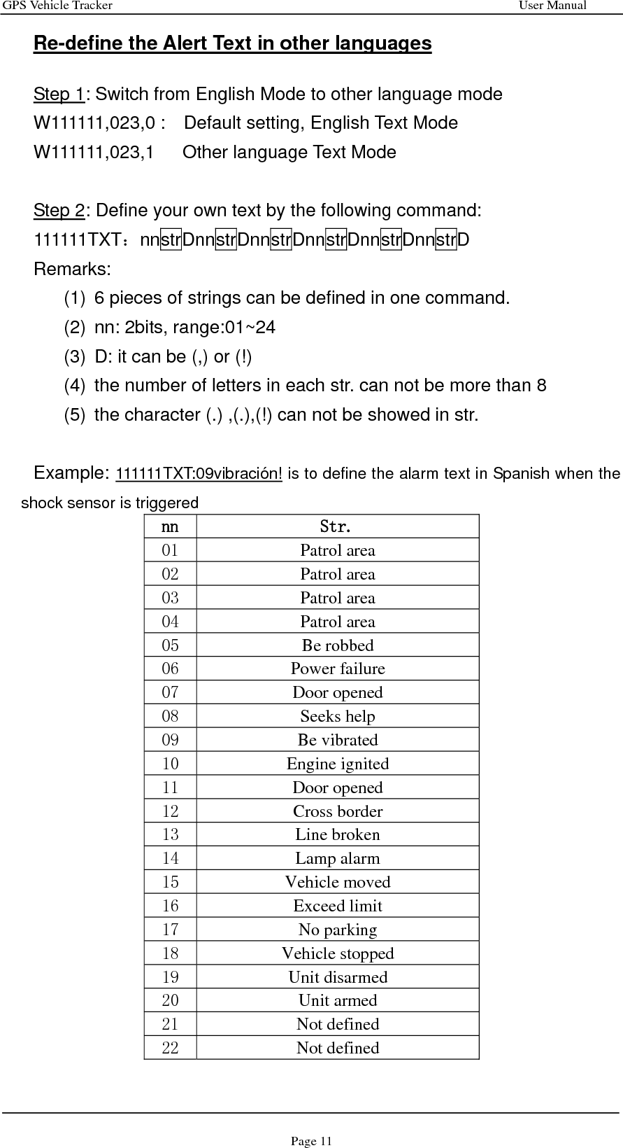 GPS Vehicle Tracker                                                              User Manual Page 11 Re-define the Alert Text in other languages  Step 1: Switch from English Mode to other language mode W111111,023,0 :    Default setting, English Text Mode W111111,023,1   Other language Text Mode  Step 2: Define your own text by the following command: 111111TXT：nnstrDnnstrDnnstrDnnstrDnnstrDnnstrD Remarks: (1)  6 pieces of strings can be defined in one command. (2)  nn: 2bits, range:01~24 (3)  D: it can be (,) or (!) (4)  the number of letters in each str. can not be more than 8 (5)  the character (.) ,(.),(!) can not be showed in str.  Example: 111111TXT:09vibración! is to define the alarm text in Spanish when the shock sensor is triggered nn  Str. 01  Patrol area 02  Patrol area 03  Patrol area 04  Patrol area 05  Be robbed 06  Power failure 07  Door opened 08  Seeks help 09  Be vibrated 10  Engine ignited 11  Door opened 12  Cross border 13  Line broken 14  Lamp alarm 15  Vehicle moved 16  Exceed limit 17  No parking 18  Vehicle stopped 19  Unit disarmed 20  Unit armed 21  Not defined 22  Not defined  