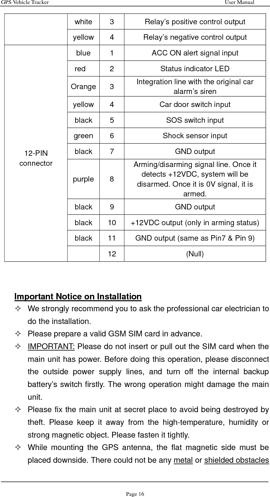 GPS Vehicle Tracker                                                              User Manual Page 16 white  3  Relay’s positive control output yellow 4  Relay’s negative control output blue  1  ACC ON alert signal input red  2  Status indicator LED Orange 3  Integration line with the original car alarm’s siren yellow  4  Car door switch input black  5  SOS switch input green  6  Shock sensor input black 7  GND output purple 8 Arming/disarming signal line. Once it detects +12VDC, system will be disarmed. Once it is 0V signal, it is armed. black 9  GND output black  10  +12VDC output (only in arming status) black  11  GND output (same as Pin7 &amp; Pin 9)  12-PIN connector  12  (Null)    Important Notice on Installation   We strongly recommend you to ask the professional car electrician to do the installation.     Please prepare a valid GSM SIM card in advance.  IMPORTANT: Please do not insert or pull out the SIM card when the main unit has power. Before doing this operation, please disconnect the outside power supply lines, and turn off the internal backup battery’s switch firstly. The wrong operation might damage the main unit.   Please fix the main unit at secret place to avoid being destroyed by theft. Please keep it away from the high-temperature, humidity or strong magnetic object. Please fasten it tightly.   While mounting the GPS antenna, the flat magnetic side must be placed downside. There could not be any metal or shielded obstacles 