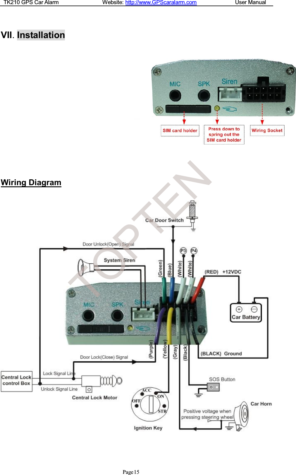 TK210 GPS Car Alarm Website: http://www.GPScaralarm.com User ManualPage15VII.InstallationWiring DiagramEN