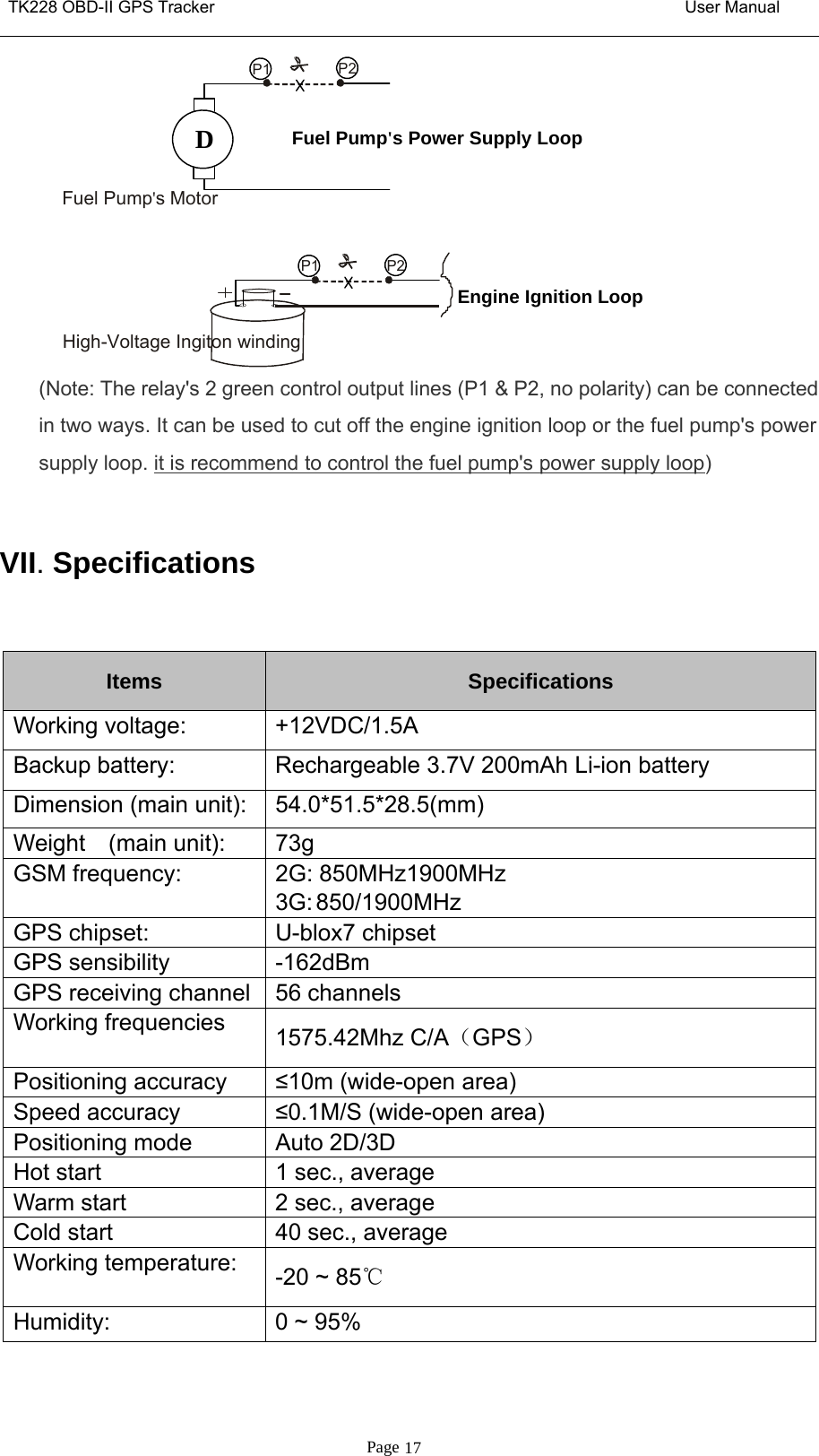 TK228 OBD-II GPS Tracker User ManualPage 17(Note: The relay&apos;s 2 green control output lines (P1 &amp; P2, no polarity) can be connectedin two ways. It can be used to cut off the engine ignition loop or the fuel pump&apos;s powersupply loop. it is recommend to control the fuel pump&apos;s power supply loop)VII.SpecificationsItems SpecificationsWorking voltage: +12VDC/1.5ABackup battery: Rechargeable 3.7V 200mAh Li-ion batteryDimension (main unit): 54.0*51.5*28.5(mm)Weight (main unit): 73gGSM frequency: 2G: 850MHz1900MHz3G: 850/1900MHzGPS chipset: U-blox7 chipsetGPS sensibility -162dBmGPS receiving channel 56 channelsWorking frequencies 1575.42Mhz C/A（GPS）Positioning accuracy ≤10m (wide-open area)Speed accuracy ≤0.1M/S (wide-open area)Positioning mode Auto 2D/3DHot start 1 sec., averageWarm start 2 sec., averageCold start 40 sec., averageWorking temperature: -20 ~ 85℃Humidity: 0 ~ 95%High-Voltage Ingiton windingP1 P2Engine Ignition LoopFuel Pump&apos;s Power Supply LoopDP1 P2Fuel Pump&apos;s Motor