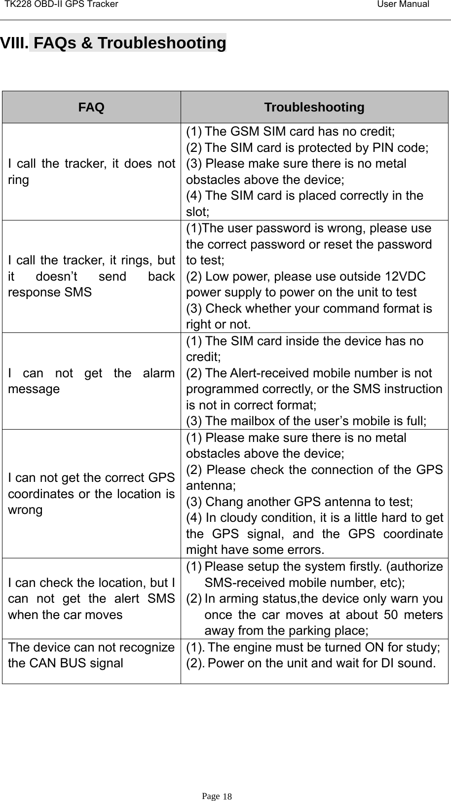 TK228 OBD-II GPS Tracker User ManualPage 18VIII. FAQs &amp;TroubleshootingFAQ TroubleshootingI call the tracker, it does notring(1) The GSM SIM card has no credit;(2) The SIM card is protected by PIN code;(3) Please make sure there is no metalobstacles above the device;(4) The SIM card is placed correctly in theslot;I call the tracker, it rings, butit doesn’t send backresponse SMS(1)The user password is wrong, please usethe correct password or reset the passwordto test;(2) Low power, please use outside 12VDCpower supply to power on the unit to test(3) Check whether your command format isright or not.I can not get the alarmmessage(1) The SIM card inside the device has nocredit;(2) The Alert-received mobile number is notprogrammed correctly, or the SMS instructionis not in correct format;(3) The mailbox of the user’s mobile is full;I can not get the correct GPScoordinates or the location iswrong(1) Please make sure there is no metalobstacles above the device;(2) Please check the connection of the GPSantenna;(3) Chang another GPS antenna to test;(4) In cloudy condition, it is a little hard to getthe GPS signal, and the GPS coordinatemight have some errors.I can check the location, but Ican not get the alert SMSwhen the car moves(1) Please setup the system firstly. (authorizeSMS-received mobile number, etc);(2) In arming status,the device only warn youonce the car moves at about 50 metersaway from the parking place;The device can not recognizethe CAN BUS signal(1). The engine must be turned ON for study;(2). Power on the unit and wait for DI sound.