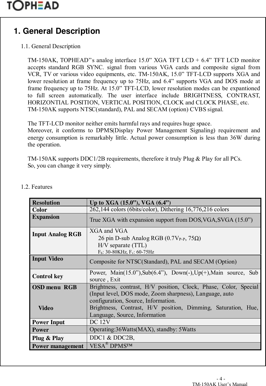                                        - 4 -TM-150AK User&rsquo;s Manual1. General Description1.1. General DescriptionTM-150AK, TOPHEAD&rsquo;&rsquo;s analog interface 15.0&rdquo; XGA TFT LCD + 6.4&rdquo; TFT LCD monitoraccepts standard RGB SYNC. signal from various VGA cards and composite signal fromVCR, TV or various video equipments, etc. TM-150AK, 15.0&rdquo; TFT-LCD supports XGA andlower resolution at frame frequency up to 75Hz, and 6.4&rdquo; supports VGA and DOS mode atframe frequency up to 75Hz. At 15.0&rdquo; TFT-LCD, lower resolution modes can be expantionedto full screen automatically. The user interface include BRIGHTNESS, CONTRAST,HORIZONTIAL POSITION, VERTICAL POSITION, CLOCK and CLOCK PHASE, etc.TM-150AK supports NTSC(standard), PAL and SECAM (option) CVBS signal.The TFT-LCD monitor neither emits harmful rays and requires huge space.Moreover, it conforms to DPMS(Display Power Management Signaling) requirement andenergy consumption is remarkably little. Actual power consumption is less than 36W duringthe operation.TM-150AK supports DDC1/2B requirements, therefore it truly Plug &amp; Play for all PCs.So, you can change it very simply.1.2. FeaturesResolution Up to XGA (15.0&rdquo;), VGA (6.4&rdquo;)Color 262,144 colors (6bits/color), Dithering 16,776,216 colorsExpansion True XGA with expansion support from DOS,VGA,SVGA (15.0&rdquo;)Input Analog RGB XGA and VGA26 pin D-sub Analog RGB (0.7VP-P, 75Ω)H/V separate (TTL)Fh: 30-80KHz, Fv: 60-75HzInput Video Composite for NTSC(Standard), PAL and SECAM (Option)Control key Power, Main(15.0&rdquo;),Sub(6.4&rdquo;), Down(-),Up(+),Main source, Subsource , ExitOSD menu  RGBVideoBrightness, contrast, H/V position, Clock, Phase, Color, Special(Input level, DOS mode, Zoom sharpness), Language, autoconfiguration, Source, Information.Brightness, Contrast, H/V position, Dimming, Saturation, Hue,Language, Source, InformationPower Input DC 12VPower Operating:36Watts(MAX), standby: 5WattsPlug &amp; Play DDC1 &amp; DDC2B,Power management VESA&reg; DPMS&trade;