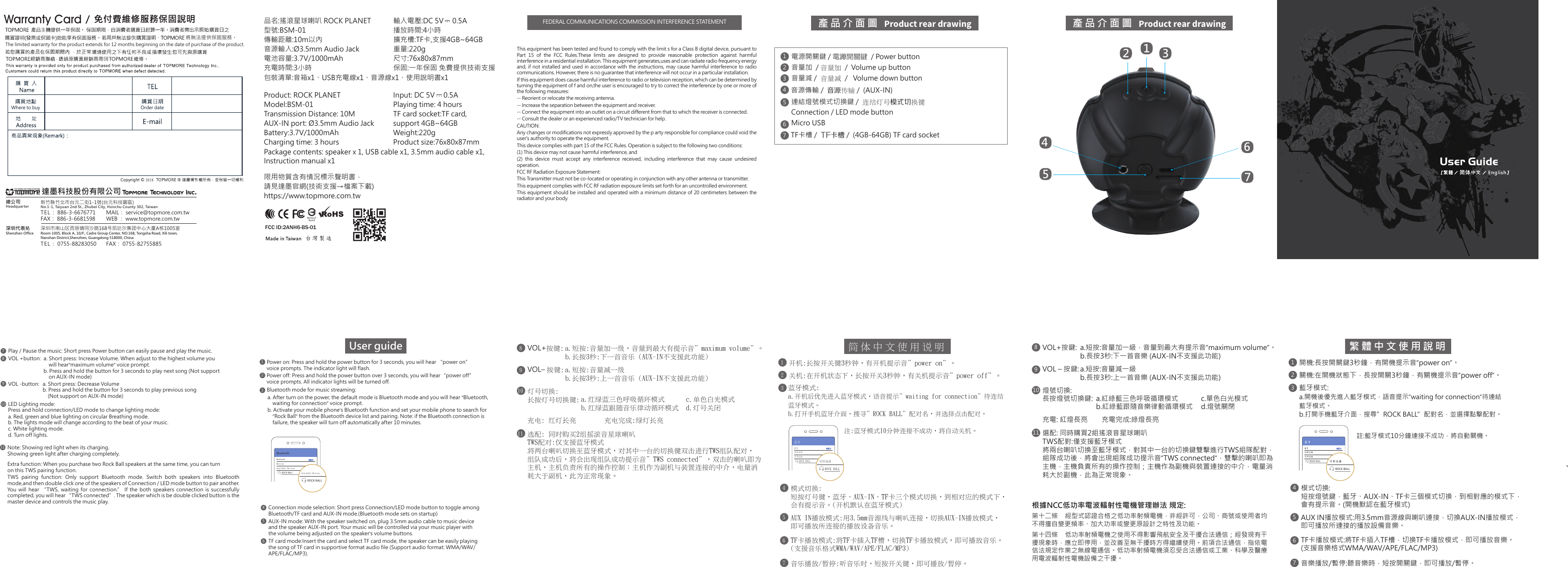 產品介面圖  產品介面圖  21345671234567電源開關鍵 / 電源開關鍵 / Power button音量加  / 音量加  /  Volume up button音量減 /  音量減 /  Volume down button音源傳輸 /  音源傳輸 /  (AUX-IN)TF卡槽 /  TF卡槽 /  (4GB-64GB) TF card socket連結燈號模式切換鍵 /  連結燈號模式切換鍵Connection / LED mode buttonMicro USB開機:長按開關鍵3秒鐘，有開機提示音&rdquo;power on&rdquo;。藍牙藍牙設備名稱可用設備可用設備註:藍牙模式10分鐘連接不成功，將自動關機。ROCK BALLROCK BALLBluetoothBluetoothDevicesAvailable DevicesAvailable DevicesROCK BALLROCK BALL繁體中文使用說明1關機:在開機狀態下，長按開關3秒鐘，有關機提示音&rdquo;power off&rdquo;。2音樂播放/暫停:聽音樂時，短按開關鍵，即可播放/暫停。7VOL+按鍵:89VOL &ndash; 按鍵:燈號切換:長按燈號切換鍵:1011藍牙模式:a.開機後優先進入藍牙模式，語音提示&rdquo;waiting for connection&rdquo;待連結藍牙模式。b.打開手機藍牙介面，搜尋&rdquo;ROCK BALL&rdquo;配對名，並選擇點擊配對。3AUX IN播放模式:用3.5mm音源線與喇叭連接，切換AUX-IN播放模式，即可播放所連接的播放設備音樂。TF卡播放模式:將TF卡插入TF槽，切換TF卡播放模式，即可播放音樂。(支援音樂格式WMA/WAV/APE/FLAC/MP3)56模式切換:短按燈號鍵，藍牙、AUX-IN、TF卡三個模式切換，到相對應的模式下，會有提示音。(開機默認在藍牙模式)4c.單色白光模式d.燈號關閉選配: 同時購買2組搖滾音星球喇叭TWS配對:僅支援藍牙模式將兩台喇叭切換至藍牙模式，對其中一台的切換鍵雙擊進行TWS組隊配對，組隊成功後，將會出現組隊成功提示音&rdquo;TWS connected&rdquo;，雙擊的喇叭即為主機，主機負責所有的操作控制；主機作為副機與裝置連接的中介，電量消耗大於副機，此為正常現象。a.短按:音量加一級，音量到最大有提示音&rdquo;maximum volume&rdquo;。b.長按3秒:下一首音樂 (AUX-IN不支援此功能)a.短按:音量減一級b.長按3秒:上一首音樂 (AUX-IN不支援此功能)a.紅綠藍三色呼吸循環模式b.紅綠藍跟隨音樂律動循環模式充電: 紅燈長亮        充電完成:綠燈長亮根據NCC低功率電波輻射性電機管理辦法 規定:第十二條    經型式認證合格之低功率射頻電機，非經許可，公司、商號或使用者均不得擅自變更頻率、加大功率或變更原設計之特性及功能。  第十四條  低功率射頻電機之使用不得影響飛航安全及干擾合法通信；經發現有干擾現象時，應立即停用，並改善至無干擾時方得繼續使用。前項合法通信，指依電信法規定作業之無線電通信。低功率射頻電機須忍受合法通信或工業、科學及醫療用電波輻射性電機設備之干擾。VOL+按鍵:89VOL&ndash; 按鍵:燈號切換:長按燈號切換鍵:1011開機:長按開關鍵3秒鐘，有開機提示音＂power on＂。藍牙藍牙設備名稱可用設備可用設備註:藍牙模式10分鐘連接不成功，將自動關機。ROCK BALLROCK BALL簡體中文使用說明1關機:在開機狀態下，長按開關3秒鐘，有關機提示音＂power off＂。2音樂播放/暫停:聽音樂時，短按開關鍵，即可播放/暫停。7藍牙模式:a.開機後優先進入藍牙模式，語音提示＂waiting for connection＂待連結藍牙模式。b.打開手機藍牙介面，搜尋＂ROCK BALL＂配對名，並選擇點擊配對。3AUX IN播放模式:用3.5mm音源線與喇叭連接，切換AUX-IN播放模式，即可播放所連接的播放設備音樂。TF卡播放模式:將TF卡插入TF槽，切換TF卡播放模式，即可播放音樂。(支援音樂格式WMA/WAV/APE/FLAC/MP3)56模式切換:短按燈號鍵，藍牙、AUX-IN、TF卡三個模式切換，到相對應的模式下，會有提示音。(開機默認在藍牙模式)4c.單色白光模式d.燈號關閉選配: 同時購買2組搖滾音星球喇叭TWS配對:僅支援藍牙模式將兩台喇叭切換至藍牙模式，對其中一台的切換鍵雙擊進行TWS組隊配對，組隊成功後，將會出現組隊成功提示音＂TWS connected＂，雙擊的喇叭即為主機，主機負責所有的操作控制；主機作為副機與裝置連接的中介，電量消耗大於副機，此為正常現象。a.短按:音量加一級，音量到最大有提示音＂maximum volume＂。b.長按3秒:下一首音樂 (AUX-IN不支援此功能)a.短按:音量減一級b.長按3秒:上一首音樂 (AUX-IN不支援此功能)a.紅綠藍三色呼吸循環模式b.紅綠藍跟隨音樂律動循環模式充電: 紅燈長亮 充電完成:綠燈長亮Power on: Press and hold the power button for 3 seconds, you will hear &ldquo;power on&rdquo;voice prompts. The indicator light will flash.User guide1Power off: Press and hold the power button over 3 seconds, you will hear&ldquo;power off&rdquo;voice prompts. All indicator lights will be turned off.2Play / Pause the music: Short press Power button can easily pause and play the music.7VOL +button: 89VOL -button:LED Lighting mode:Press and hold connection/LED mode to change lighting mode:103AUX-IN mode: With the speaker switched on, plug 3.5mm audio cable to music deviceand the speaker AUX-IN port. Your music will be controlled via your music player withthe volume being adjusted on the speaker&rsquo;s volume buttons.TF card mode:Insert the card and select TF card mode, the speaker can be easily playingthe song of TF card in supportive format audio file (Support audio format: WMA/WAV/APE/FLAC/MP3).56Connection mode selection: Short press Connection/LED mode button to toggle amongBluetooth/TF card and AUX-IN mode.(Bluetooth mode sets on startup) 4a. Short press: Increase Volume. When adjust to the highest volume you    will hear&ldquo;maximum volume&rdquo; voice prompt. b. Press and hold the button for 3 seconds to play next song (Not supporton AUX-IN mode)a. Short press: Decrease Volumeb. Press and hold the button for 3 seconds to play previous song    (Not support on AUX-IN mode)a. Red, green and blue lighting on circular Breathing mode.b. The lights mode will change according to the beat of your music.c. White lighting mode.d. Turn off lights.Bluetooth mode for music streaming: a. After turn on the power, the default mode is Bluetooth mode and you will hear &ldquo;Bluetooth, b. Activate your mobile phone&rsquo;s Bluetooth function and set your mobile phone to search for waiting for connection&rdquo; voice prompt.&rdquo;Rock Ball&rdquo; from the Bluetooth device list and pairing. Note: if the Bluetooth connection is failure, the speaker will turn off automatically after 10 minutes.11Extra function: When you purchase two Rock Ball speakers at the same time, you can turnon this TWS pairing function.Note: Showing red light when its charging.　Showing green light after charging completely.TWS  pairing  function:  Only  support  Bluetooth  mode.  Switch  both  speakers  into  Bluetooth mode,and then double click one of the speakers of Connection / LED mode button to pair another. You  will  hear  &ldquo;TWS,  waiting  for  connection.&rdquo;  If  the  both  speakers  connection  is  successfully completed, you will hear&ldquo;TWS connected&rdquo;. The speaker which is be double clicked button is the master device and controls the music play.This equipment has been tested and found to comply with the limit s for a Class B digital device, pursuant to Part  15  of  the  FCC  Rules.These  limits  are  designed  to  provide  reasonable  protection  against  harmful interference in a residential installation. This equipment generates,uses and can radiate radio frequency energy and, if not installed and used in accordance with the instructions, may cause harmful interference to radio communications. However, there is no guarantee that interference will not occur in a particular installation.If this equipment does cause harmful interference to radio or television reception, which can be determined by turning the equipment of f and on,the user is encouraged to try to correct the interference by one or more of the following measures:-- Reorient or relocate the receiving antenna.-- Increase the separation between the equipment and receiver.-- Connect the equipment into an outlet on a circuit different from that to which the receiver is connected.-- Consult the dealer or an experienced radio/TV technician for help.CAUTION:Any changes or modifications not expressly approved by the p arty responsible for compliance could void the user's authority to operate the equipment.This device complies with part 15 of the FCC Rules. Operation is subject to the following two conditions:(1) This device may not cause harmful interference, and(2)  this  device  must  accept  any  interference  received,  including  interference  that  may  cause  undesired operation.FCC RF Radiation Exposure Statement:This Transmitter must not be co-located or operating in conjunction with any other antenna or transmitter.This equipment complies with FCC RF radiation exposure limits set forth for an uncontrolled environment.This equipment should be installed and operated with a minimum distance of 20 centimeters between the radiator and your body.品名:搖滾星球喇叭 ROCK PLANET型號:BSM-01傳輸距離:10m以內音源輸入:&Oslash;3.5mm Audio Jack電池容量:3.7V/1000mAh充電時間:3小時包裝清單:音箱x1、USB充電線x1、音源線x1、使用說明書x1Package contents: speaker x 1, USB cable x1, 3.5mm audio cable x1, Instruction manual x1台灣製造FCC ID:2ANH6-BS-01輸入電壓:DC 5V     0.5A播放時間:4小時擴充槽:TF卡,支援4GB~64GB重量:220g尺寸:76x80x87mm保固:一年保固 免費提供技術支援Product: ROCK PLANETModel:BSM-01Transmission Distance: 10MAUX-IN port: &Oslash;3.5mm Audio JackBattery:3.7V/1000mAhCharging time: 3 hours限用物質含有情況標示聲明書，請見達墨官網(技術支援&rarr;檔案下載)https://www.topmore.com.twInput: DC 5V     0.5A Playing time: 4 hoursTF card socket:TF card,support 4GB~64GBWeight:220gProduct size:76x80x87mm將無法提供保固服務。The limited warranty for the product extends for 12 months beginning on the date of purchase of the product.Where to buy2018TEL： 0755-88283050 FAX： 0755-82755885新竹縣竹北市台元二街1-1號(台元科技園區)No.1-1, Taiyuan 2nd St., Zhubei City, Hsinchu County 302, TaiwanTEL： 886-3-6676771WEB ： www.topmore.com.twFAX： 886-3-6681598MAIL： service@topmore.com.tw深圳市南山区西丽镇同沙路168号凯达尔集团中心大厦A栋1005室Room 1005, Block A, 10/F., Cadre Group Center, NO.168, Tongsha Road, Xili town, Nanshan District,Shenzhen, Guangdong 518000, China總公司Headquarter深圳代表处Shenzhen Office達墨科技股份有限公司 Warranty CardOrder dateFEDERAL COMMUNICATIONS COMMISSION INTERFERENCE STATEMENT&bull;尺寸582x94mm&bull;雙面印刷 雪銅100磅&bull;彈簧5摺正 封底 97mm94mm封面正反97mm94mm