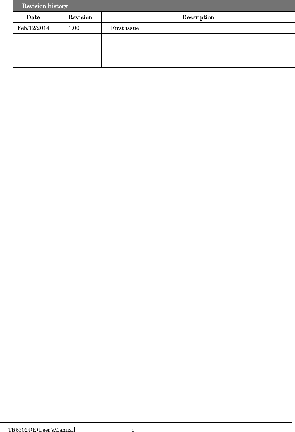     Revision history Date Revision Description Feb/12/2014 1.00 First issue                 [TR63024(E)User&rsquo;sManual]  i       