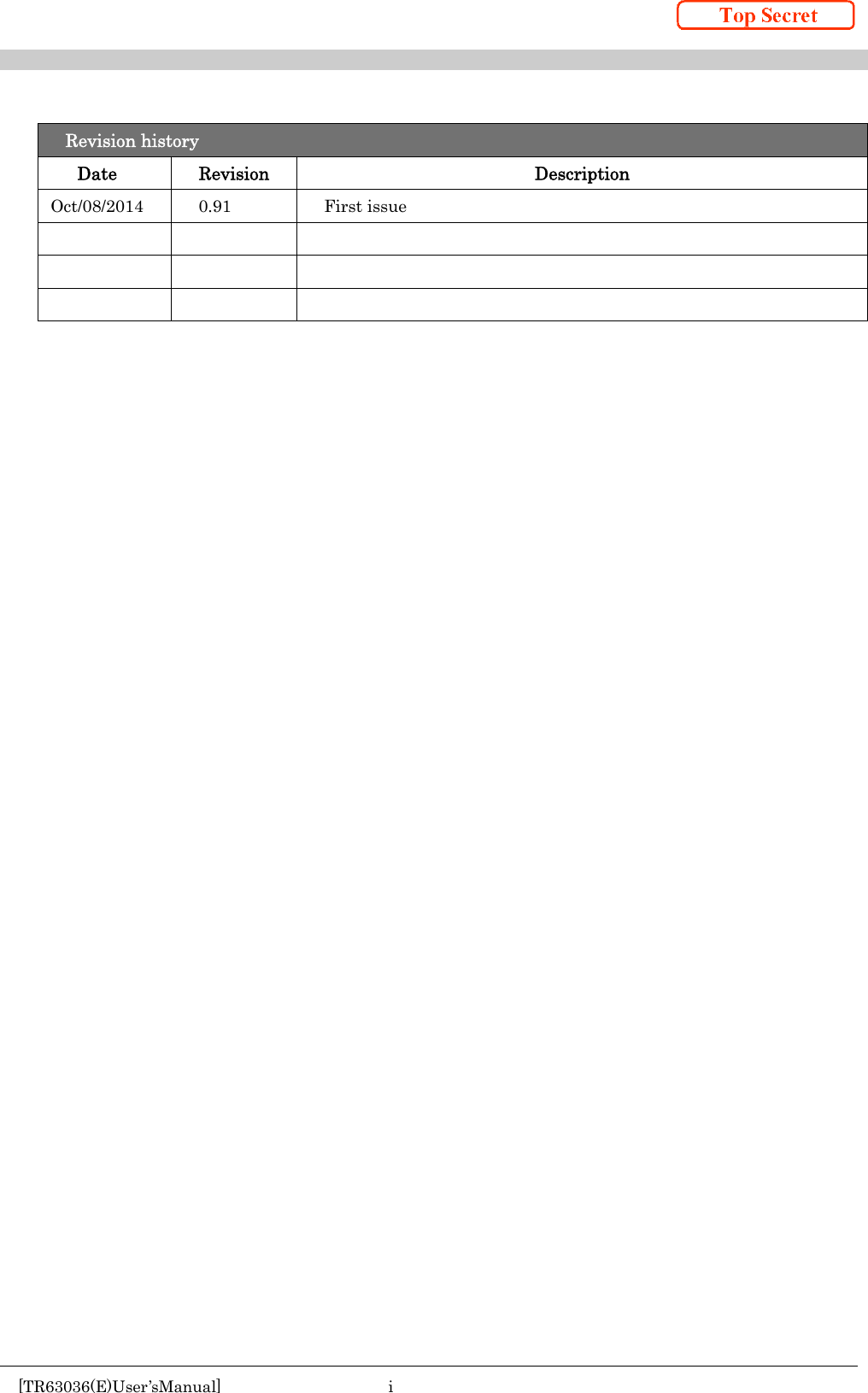    [TR63036(E)User&rsquo;sManual]  i      Revision history Date Revision  Description Oct/08/2014 0.91  First issue           