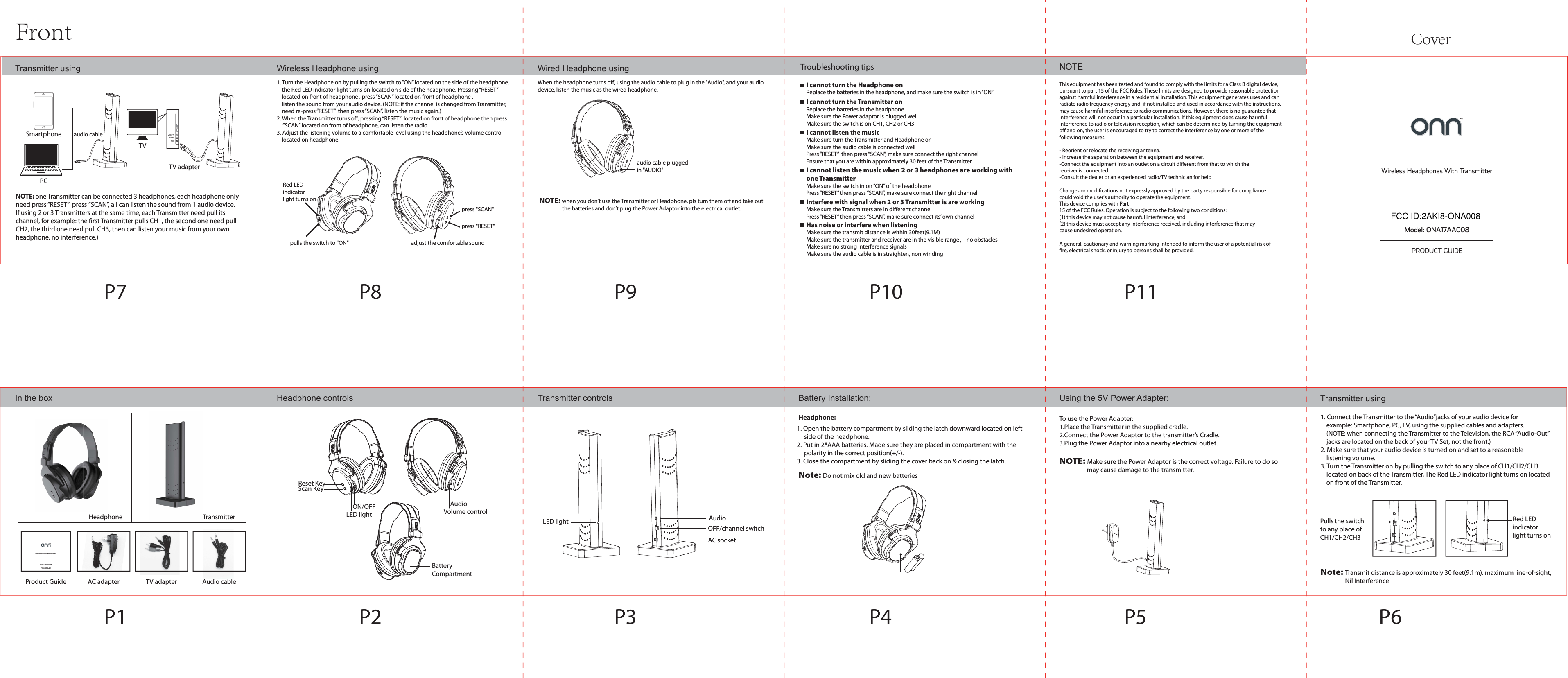 Headphone controls Transmitter controlsIn the boxTroubleshooting tipsI cannot turn the Headphone onReplace the batteries in the headphone, and make sure the switch is in &ldquo;ON&rdquo;Transmitter usingTransmitter usingRed LED indicatorlight turns onPulls the switch to any place of CH1/CH2/CH3Wireless Headphone using Wired Headphone usingBattery Installation:pulls the switch to "ON"   Red LED indicatorlight turns onpress "SCAN" press "RESET"adjust the comfortable soundCoverP1 P2 P3 P4 P5P7 P8 P9 P10 P11P61. Turn the Headphone on by pulling the switch to &ldquo;ON&rdquo; located on the side of the headphone.     the Red LED indicator light turns on located on side of the headphone. Pressing &ldquo;RESET&rdquo;     located on front of headphone , press &ldquo;SCAN&rdquo; located on front of headphone ,     listen the sound from your audio device. (NOTE: if the channel is changed from Transmitter,     need re-press &ldquo;RESET&rdquo;  then press &ldquo;SCAN&rdquo;, listen the music again.)  2. When the Transmitter turns oﬀ, pressing &ldquo;RESET&rdquo;  located on front of headphone then press      &ldquo;SCAN&rdquo; located on front of headphone, can listen the radio.3. Adjust the listening volume to a comfortable level using the headphone&rsquo;s volume control     located on headphone.NOTE: one Transmitter can be connected 3 headphones, each headphone only need press &ldquo;RESET&rdquo;  press &rdquo;SCAN&rdquo;, all can listen the sound from 1 audio device. If using 2 or 3 Transmitters at the same time, each Transmitter need pull its channel, for example: the ﬁrst Transmitter pulls CH1, the second one need pull CH2, the third one need pull CH3, then can listen your music from your own headphone, no interference.)audio cable pluggedin "AUDIO"yellowwhiteredHeadphone:1. Open the battery compartment by sliding the latch downward located on left      side of the headphone.2. Put in 2*AAA batteries. Made sure they are placed in compartment with the      polarity in the correct position(+/-).3. Close the compartment by sliding the cover back on &amp; closing the latch.Using the 5V Power Adapter:To use the Power Adapter:1.Place the Transmitter in the supplied cradle.2.Connect the Power Adaptor to the transmitter&rsquo;s Cradle.3.Plug the Power Adaptor into a nearby electrical outlet.NOTE: Make sure the Power Adaptor is the correct voltage. Failure to do so                    may cause damage to the transmitter. 1. Connect the Transmitter to the &ldquo;Audio&rdquo;jacks of your audio device for     example: Smartphone, PC, TV, using the supplied cables and adapters.     (NOTE: when connecting the Transmitter to the Television, the RCA &ldquo;Audio-Out&rdquo;     jacks are located on the back of your TV Set, not the front.)2. Make sure that your audio device is turned on and set to a reasonable     listening volume.3. Turn the Transmitter on by pulling the switch to any place of CH1/CH2/CH3     located on back of the Transmitter, The Red LED indicator light turns on located     on front of the Transmitter.NOTE: when you don&rsquo;t use the Transmitter or Headphone, pls turn them oﬀ and take out                   the batteries and don&rsquo;t plug the Power Adaptor into the electrical outlet.TransmitterHeadphoneAC adapter TV adapter Audio cableProduct GuideTraReset KeyScan KeyVolume controlAudioBattery CompartmentLED lightON/OFFLED lightOFF/channel switchAC socketAudio This equipment has been tested and found to comply with the limits for a Class B digital device, pursuant to part 15 of the FCC Rules. These limits are designed to provide reasonable protection against harmful interference in a residential installation. This equipment generates uses and can radiate radio frequency energy and, if not installed and used in accordance with the instructions,may cause harmful interference to radio communications. However, there is no guarantee that interference will not occur in a particular installation. If this equipment does cause harmful interference to radio or television reception, which can be determined by turning the equipment oﬀ and on, the user is encouraged to try to correct the interference by one or more of the following measures:- Reorient or relocate the receiving antenna.- Increase the separation between the equipment and receiver.-Connect the equipment into an outlet on a circuit diﬀerent from that to which thereceiver is connected.-Consult the dealer or an experienced radio/TV technician for helpChanges or modiﬁcations not expressly approved by the party responsible for compliancecould void the user's authority to operate the equipment. This device complies with Part15 of the FCC Rules. Operation is subject to the following two conditions:(1) this device may not cause harmful interference, and(2) this device must accept any interference received, including interference that maycause undesired operation.A general, cautionary and warning marking intended to inform the user of a potential risk of ﬁre, electrical shock, or injury to persons shall be provided.NOTESmartphone audio cablePCTVTV adapterWhen the headphone turns oﬀ, using the audio cable to plug in the "Audio", and your audio device, listen the music as the wired headphone.Note: Transmit distance is approximately 30 feet(9.1m). maximum line-of-sight,                  Nil InterferenceNote: Do not mix old and new batteriesWireless Headphones With TransmitterModel: ONA17AA008PRODUCT GUIDEWireless Headphones With TransmitterModel: ONA17AA008PRODUCT GUIDEFrontI cannot turn the Transmitter onReplace the batteries in the headphoneMake sure the Power adaptor is plugged wellMake sure the switch is on CH1, CH2 or CH3I cannot listen the musicMake sure turn the Transmitter and Headphone onMake sure the audio cable is connected well Press &ldquo;RESET&rdquo;  then press &ldquo;SCAN&rdquo;, make sure connect the right channelEnsure that you are within approximately 30 feet of the TransmitterI cannot listen the music when 2 or 3 headphones are working with one TransmitterMake sure the switch in on &ldquo;ON&rdquo; of the headphonePress &ldquo;RESET&rdquo; then press &ldquo;SCAN&rdquo;, make sure connect the right channelInterfere with signal when 2 or 3 Transmitter is are workingMake sure the Transmitters are in diﬀerent channelPress &ldquo;RESET&rdquo; then press &ldquo;SCAN&rdquo;, make sure connect its&rsquo; own channelHas noise or interfere when listeningMake sure the transmit distance is within 30feet(9.1M)Make sure the transmitter and receiver are in the visible range， no obstaclesMake sure no strong interference signalsMake sure the audio cable is in straighten, non windingFCC ID:2AKI8-ONA008 