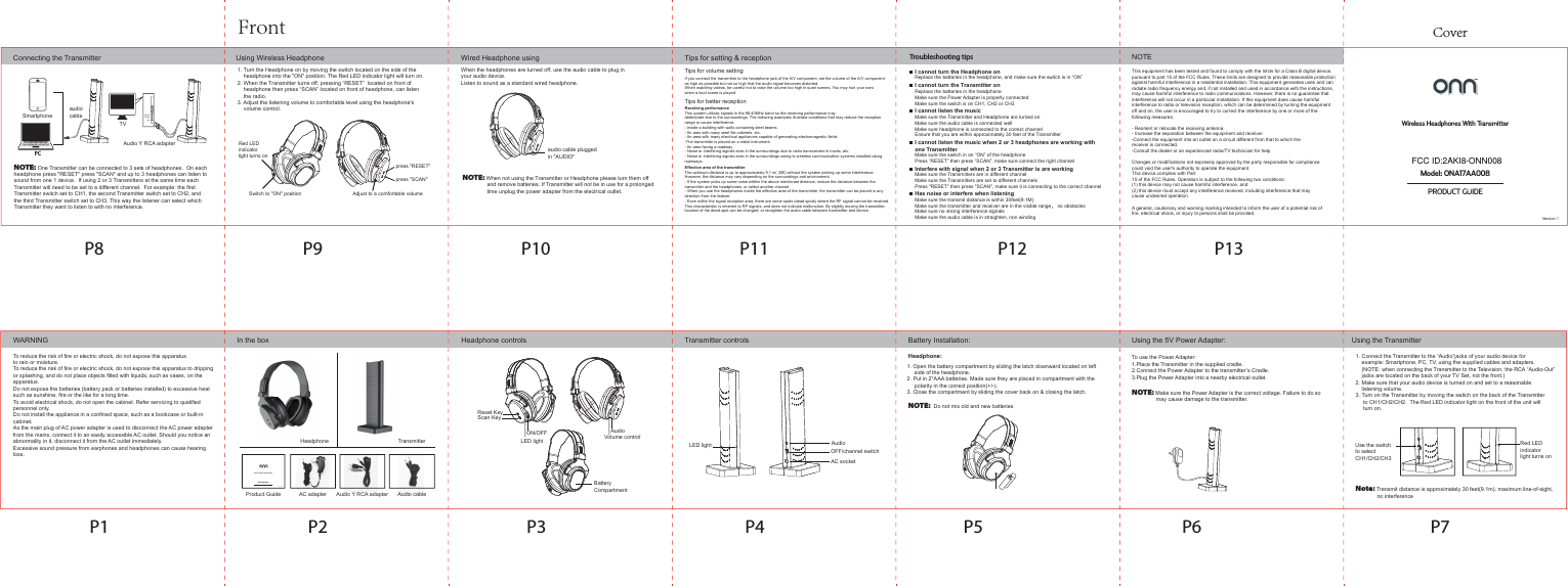 WARNING Headphone controls Transmitter controlsIn the boxTroubleshooting tipsI cannot turn the Headphone onReplace the batteries in the headphone, and make sure the switch is in &ldquo;ON&rdquo;Receiving performanceThis system utilizes signals in the 88-40MHz band so the receiving performance maydeteriorate due to the surroundings. The following examples illustrate conditions that may reduce the receptionrange or cause interference.- Inside a building with walls containing steel beams.- An ares with many steel file cabinets, etc.- An area with many electrical appliances capable of generating electromagnetic fields-The transmitter is placed on a metal instrument.- An area facing a roadway- Noise or interfering signals exist in the surroundings due to radio transceivers in trucks, etc.- Noise or interfering signals exist in the surroundings owing to wireless communication systems installed alongroadways.Effective area of the transmitterThe optimum distance is up to approximately 9.1 m( 30ft) without the system picking up some interference.However, the distance may vary depending on the surroundings and environment.- If the system picks up some noise whthin the above mentioned distance, reduce the distance between thetransmitter and the headphones, or select another channel.- When you use the headphones inside the effective area of the transmitter, the transmitter can be placed in anydirection from the listener.- Even within the signal reception area, there are some spots (dead spots) where the RF signal cannot be received.This characteristic is inherent to RF signals, and does not indicate malfunction. By slightly moving the transmitter,location of the dead spot can be changed. or straighten the audio cable between transmitter and device.Using the TransmitterConnecting the TransmitterRed LED indicatorlight turns onUse the switch to select CH1/CH2/CH3Using Wireless Headphone  Wired Headphone using Tips for setting &amp; receptionTips for better receptionTips for volume settingBattery Installation:Switch to "ON" positionRed LED indicatorlight turns onpress "SCAN" press "RESET"Adjust to a comfortable volumeCoverP1 P2 P3 P4 P5P8 P9 P10 P11 P12 P13P6 P71. Turn the Headphone on by moving the switch located on the side of the     headphone into the "ON" position. The Red LED indicator light will turn on.2. When the Transmitter turns off, pressing &ldquo;RESET&rdquo;  located on front of     headphone then press &ldquo;SCAN&rdquo; located on front of headphone, can listen     the radio.3. Adjust the listening volume to comfortable level using the headphone's     volume control.NOTE: One Transmitter can be connected to 3 sets of headphones.  On each headphone press "RESET" press "SCAN" and up to 3 headphones can listen to sound from one 1 device.  If using 2 or 3 Transmitters at the same time each Transmitter will need to be set to a different channel.  For example: the first Transmitter switch set to CH1, the second Transmitter switch set to CH2, and the third Transmitter switch set to CH3. This way the listener can select which Transmitter they want to listen to with no interference.  audio cable pluggedin "AUDIO"yellowwhiteredHeadphone:1. Open the battery compartment by sliding the latch downward located on left      side of the headphone.2. Put in 2*AAA batteries. Made sure they are placed in compartment with the      polarity in the correct position(+/-).3. Close the compartment by sliding the cover back on &amp; closing the latch.Using the 5V Power Adapter:To use the Power Adapter:1.Place the Transmitter in the supplied cradle.2.Connect the Power Adapter to the transmitter&rsquo;s Cradle.3.Plug the Power Adapter into a nearby electrical outlet.NOTE: Make sure the Power Adapter is the correct voltage. Failure to do so                 may cause damage to the transmitter. 1. Connect the Transmitter to the &ldquo;Audio&rdquo;jacks of your audio device for     example: Smartphone, PC, TV, using the supplied cables and adapters.     (NOTE: when connecting the Transmitter to the Television, the RCA &ldquo;Audio-Out&rdquo;     jacks are located on the back of your TV Set, not the front.)2. Make sure that your audio device is turned on and set to a reasonable     listening volume.3. Turn on the Transmitter by moving the switch on the back of the Transmitter      to CH1/CH2/CH2.  The Red LED indicator light on the front of the unit will      turn on.  NOTE: When not using the Transmitter or Headphone please turn them off                 and remove batteries. If Transmitter will not be in use for a prolonged                 time unplug the power adapter from the electrical outlet.TransmitterHeadphoneAC adapter  Audio Y RCA adapter  Audio cableProduct GuideReset KeyScan KeyVolume controlAudioBattery CompartmentLED lightON/OFFLED lightOFF/channel switchAC socketAudio This equipment has been tested and found to comply with the limits for a Class B digital device, pursuant to part 15 of the FCC Rules. These limits are designed to provide reasonable protection against harmful interference in a residential installation. This equipment generates uses and can radiate radio frequency energy and, if not installed and used in accordance with the instructions,may cause harmful interference to radio communications. However, there is no guarantee that interference will not occur in a particular installation. If this equipment does cause harmful interference to radio or television reception, which can be determined by turning the equipment off and on, the user is encouraged to try to correct the interference by one or more of the following measures:- Reorient or relocate the receiving antenna.- Increase the separation between the equipment and receiver.-Connect the equipment into an outlet on a circuit different from that to which thereceiver is connected.-Consult the dealer or an experienced radio/TV technician for helpChanges or modifications not expressly approved by the party responsible for compliancecould void the user's authority to operate the equipment. This device complies with Part15 of the FCC Rules. Operation is subject to the following two conditions:(1) this device may not cause harmful interference, and(2) this device must accept any interference received, including interference that maycause undesired operation.A general, cautionary and warning marking intended to inform the user of a potential risk of fire, electrical shock, or injury to persons shall be provided.If you connect the transmitter to the headphone jack of the A/V component, set the volume of the A/V component as high as possible but not so high that the audio signal becomes distorted.When watching videos, be careful not to raise the volume too high in quiet scenes. You may hurt your ears when a loud scene is played.NOTESmartphoneaudio cablePCTV Audio Y RCA adapter When the headphones are turned off, use the audio cable to plug in your audio device.  Listen to sound as a standard wired headphone.Note: Transmit distance is approximately 30 feet(9.1m). maximum line-of-sight,               no interferenceNOTE:  Do not mix old and new batteriesWireless Headphones With TransmitterModel: ONA17AA008PRODUCT GUIDEWireless Headphones With TransmitterModel: ONA17AA008PRODUCT GUIDEFrontI cannot turn the Transmitter onReplace the batteries in the headphoneMake sure the Power Adapter is properly connectedMake sure the switch is on CH1, CH2 or CH3I cannot listen the musicMake sure the Transmitter and Headphone are turned onMake sure the audio cable is connected well Make sure headphone is connected to the correct channelEnsure that you are within approximately 30 feet of the TransmitterI cannot listen the music when 2 or 3 headphones are working with one TransmitterMake sure the switch in on &ldquo;ON&rdquo; of the headphonePress &ldquo;RESET&rdquo; then press &ldquo;SCAN&rdquo;, make sure connect the right channelInterfere with signal when 2 or 3 Transmitter is are workingMake sure the Transmitters are in different channelMake sure the Transmitters are set to different channelsPress "RESET" then press "SCAN", make sure it is connecting to the correct channelHas noise or interfere when listeningMake sure the transmit distance is within 30feet(9.1M)Make sure the transmitter and receiver are in the visible range， no obstaclesMake sure no strong interference signalsMake sure the audio cable is in straighten, non windingTo reduce the risk of fire or electric shock, do not expose this apparatusto rain or moisture.To reduce the risk of fire or electric shock, do not expose this apparatus to drippingor splashing, and do not place objects filled with liquids, such as vases, on theapparatus.Do not expose the batteries (battery pack or batteries installed) to excessive heatsuch as sunshine, fire or the like for a long time.To avoid electrical shock, do not open the cabinet. Refer servicing to qualifiedpersonnel only.Do not install the appliance in a confined space, such as a bookcase or built-incabinet.As the main plug of AC power adapter is used to disconnect the AC power adapterfrom the mains, connect it to an easily accessible AC outlet. Should you notice anabnormality in it, disconnect it from the AC outlet immediately.Excessive sound pressure from earphones and headphones can cause hearing loss.Version 1Version 1FCC ID:2AKI8-ONN008?FCC ID:2AKI8-ONN008