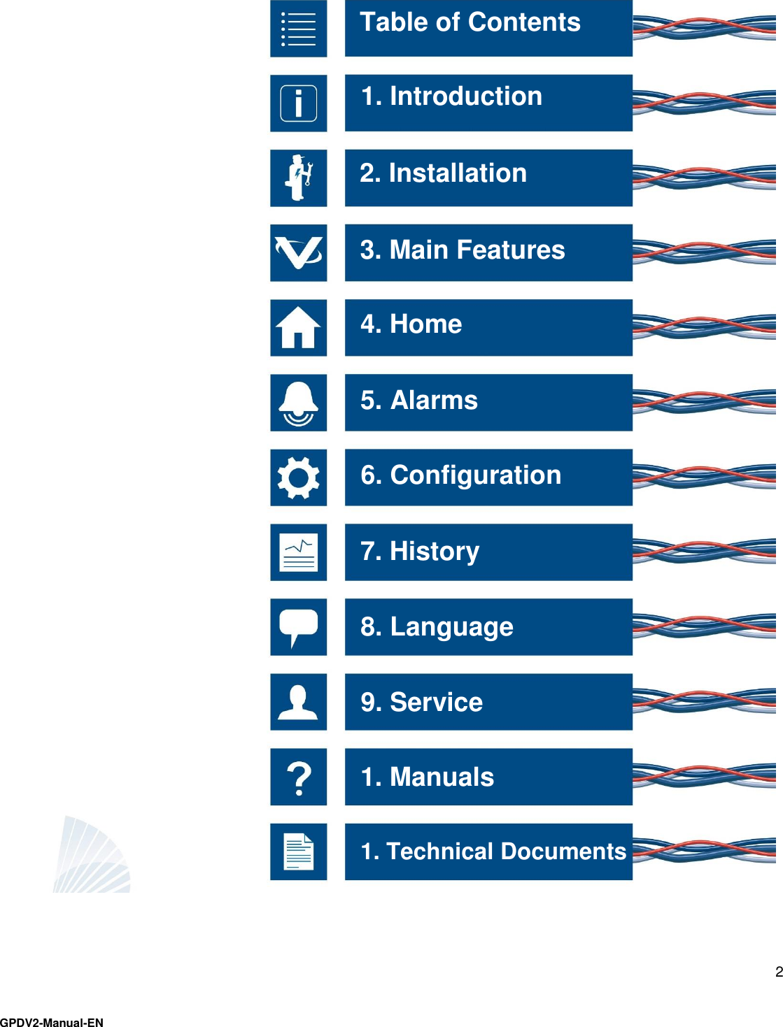   2    3. Main Features 4. Home 5. Alarms 6. Configuration 7. History 8. Language 2. Installation 1. Introduction Table of Contents 9. Service 1. Manuals 1. Technical Documents GPDV2-Manual-EN 