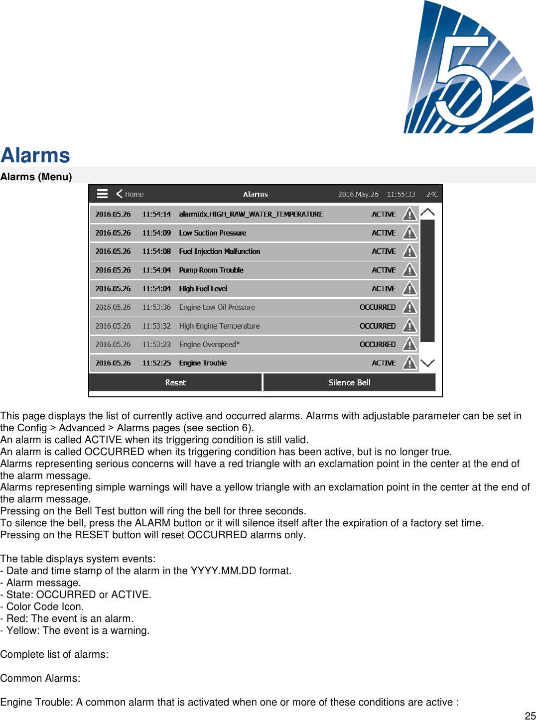    25      Alarms Alarms (Menu)   This page displays the list of currently active and occurred alarms. Alarms with adjustable parameter can be set in the Config ˃ Advanced ˃ Alarms pages (see section 6). An alarm is called ACTIVE when its triggering condition is still valid.  An alarm is called OCCURRED when its triggering condition has been active, but is no longer true.  Alarms representing serious concerns will have a red triangle with an exclamation point in the center at the end of the alarm message.  Alarms representing simple warnings will have a yellow triangle with an exclamation point in the center at the end of the alarm message. Pressing on the Bell Test button will ring the bell for three seconds. To silence the bell, press the ALARM button or it will silence itself after the expiration of a factory set time.  Pressing on the RESET button will reset OCCURRED alarms only.   The table displays system events: - Date and time stamp of the alarm in the YYYY.MM.DD format. - Alarm message. - State: OCCURRED or ACTIVE. - Color Code Icon. - Red: The event is an alarm. - Yellow: The event is a warning.  Complete list of alarms:  Common Alarms:  Engine Trouble: A common alarm that is activated when one or more of these conditions are active : 