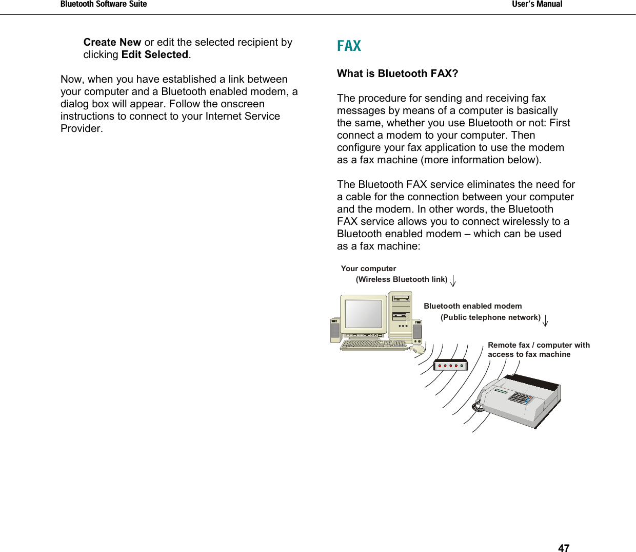 Bluetooth Software Suite   Users Manual       47  Create New or edit the selected recipient by clicking Edit Selected.  Now, when you have established a link between your computer and a Bluetooth enabled modem, a dialog box will appear. Follow the onscreen instructions to connect to your Internet Service Provider. FAX What is Bluetooth FAX?  The procedure for sending and receiving fax messages by means of a computer is basically the same, whether you use Bluetooth or not: First connect a modem to your computer. Then configure your fax application to use the modem as a fax machine (more information below).    The Bluetooth FAX service eliminates the need for a cable for the connection between your computer and the modem. In other words, the Bluetooth FAX service allows you to connect wirelessly to a Bluetooth enabled modem – which can be used as a fax machine:  Your computerBluetooth enabled modem(Public telephone network)(Wireless Bluetooth link)Remote fax / computer withaccess to fax machine