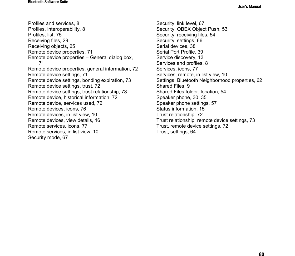 Bluetooth Software Suite   Users Manual       80  Profiles and services, 8 Profiles, interoperability, 8 Profiles, list, 75 Receiving files, 29 Receiving objects, 25 Remote device properties, 71 Remote device properties – General dialog box, 71 Remote device properties, general information, 72 Remote device settings, 71 Remote device settings, bonding expiration, 73 Remote device settings, trust, 72 Remote device settings, trust relationship, 73 Remote device, historical information, 72 Remote device, services used, 72 Remote devices, icons, 76 Remote devices, in list view, 10 Remote devices, view details, 16 Remote services, icons, 77 Remote services, in list view, 10 Security mode, 67 Security, link level, 67 Security, OBEX Object Push, 53 Security, receiving files, 54 Security, settings, 66 Serial devices, 38 Serial Port Profile, 39 Service discovery, 13 Services and profiles, 8 Services, icons, 77 Services, remote, in list view, 10 Settings, Bluetooth Neighborhood properties, 62 Shared Files, 9 Shared Files folder, location, 54 Speaker phone, 30, 35 Speaker phone settings, 57 Status information, 15 Trust relationship, 72 Trust relationship, remote device settings, 73 Trust, remote device settings, 72 Trust, settings, 64  