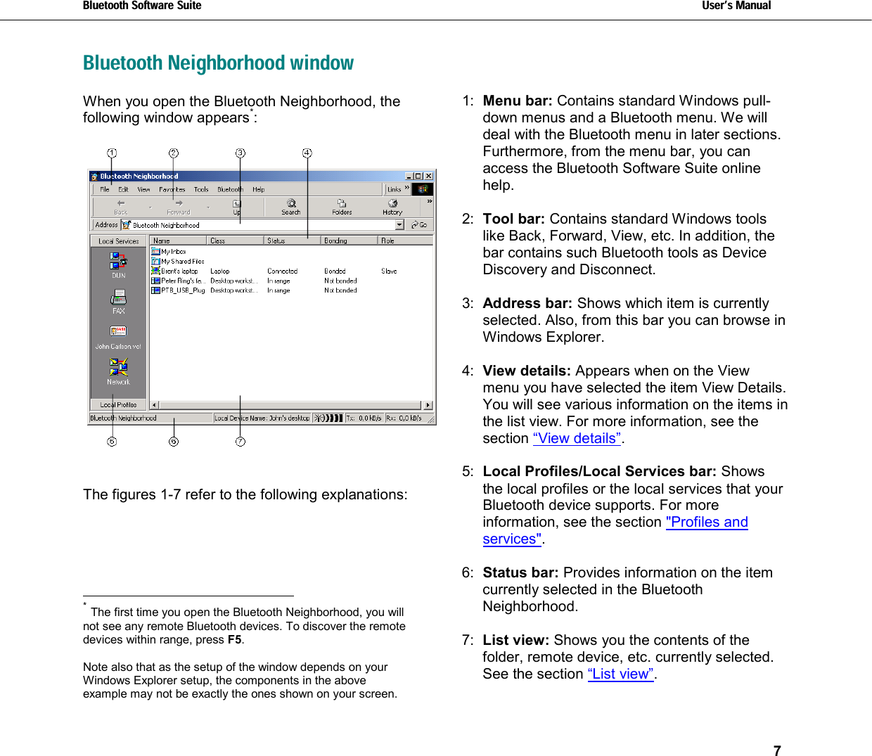 Bluetooth Software Suite   Users Manual       7  Bluetooth Neighborhood window When you open the Bluetooth Neighborhood, the following window appears*:      The figures 1-7 refer to the following explanations:                                                            * The first time you open the Bluetooth Neighborhood, you will not see any remote Bluetooth devices. To discover the remote devices within range, press F5.   Note also that as the setup of the window depends on your Windows Explorer setup, the components in the above example may not be exactly the ones shown on your screen.  1:  Menu bar: Contains standard Windows pull-down menus and a Bluetooth menu. We will deal with the Bluetooth menu in later sections. Furthermore, from the menu bar, you can access the Bluetooth Software Suite online help.  2:  Tool bar: Contains standard Windows tools like Back, Forward, View, etc. In addition, the bar contains such Bluetooth tools as Device Discovery and Disconnect.  3:  Address bar: Shows which item is currently selected. Also, from this bar you can browse in Windows Explorer.  4:  View details: Appears when on the View menu you have selected the item View Details. You will see various information on the items in the list view. For more information, see the section “View details”.  5:  Local Profiles/Local Services bar: Shows the local profiles or the local services that your Bluetooth device supports. For more information, see the section &quot;Profiles and services&quot;.  6: Status bar: Provides information on the item currently selected in the Bluetooth Neighborhood.   7:  List view: Shows you the contents of the folder, remote device, etc. currently selected. See the section “List view”.  