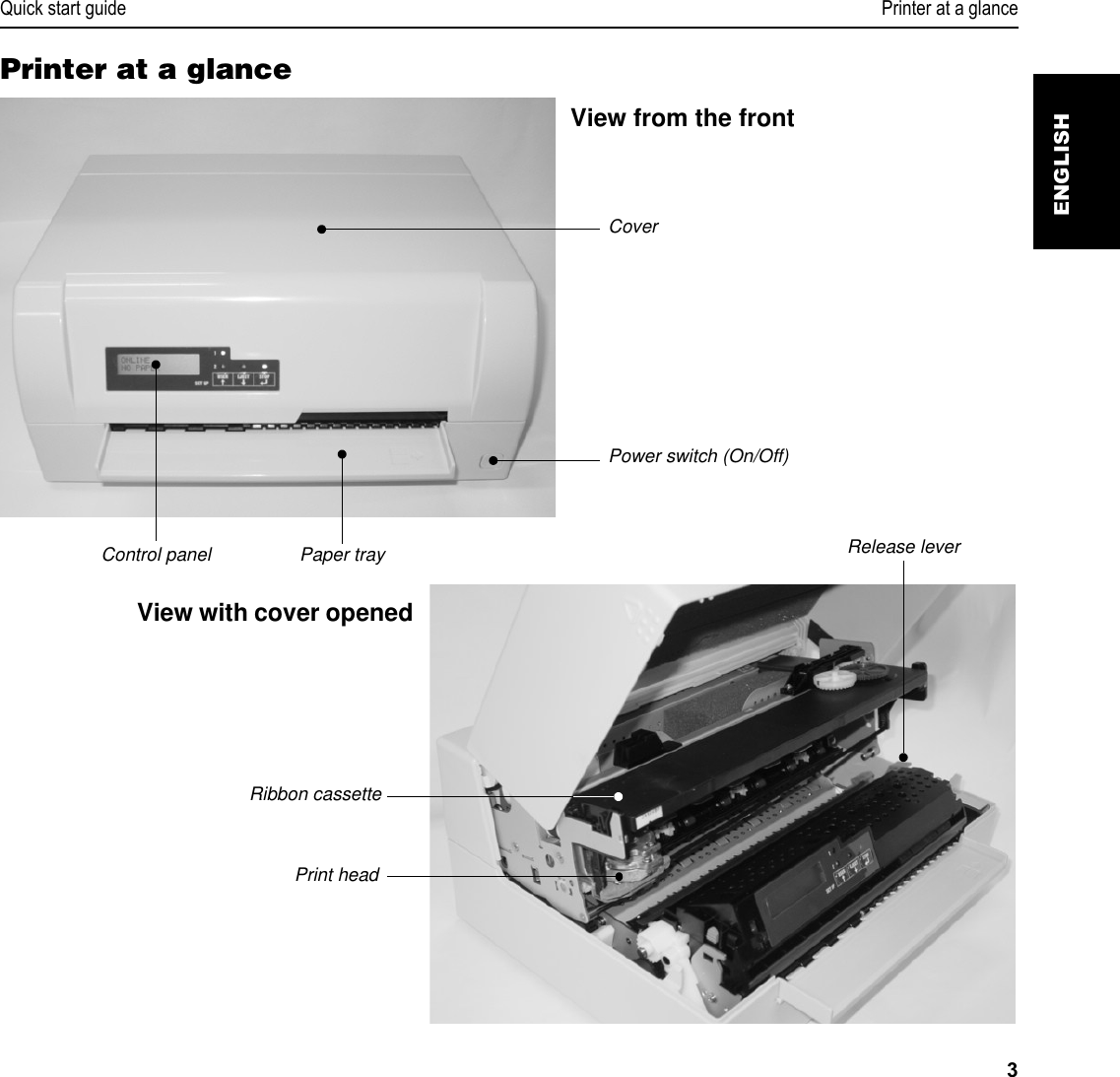 Quick start guide Printer at a glance3ENGLISHPrinter at a glanceCoverPower switch (On/Off)Paper trayControl panelRibbon cassettePrint headRelease leverView from the frontView with cover opened