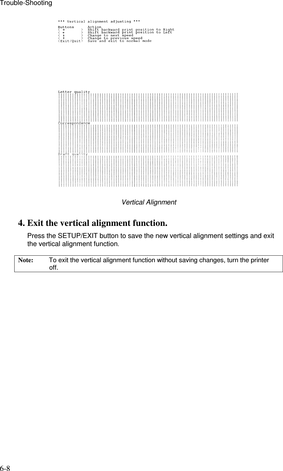 Trouble-Shooting  6-8  Vertical Alignment 4. Exit the vertical alignment function.  Press the SETUP/EXIT button to save the new vertical alignment settings and exit the vertical alignment function. Note:  To exit the vertical alignment function without saving changes, turn the printer off.  