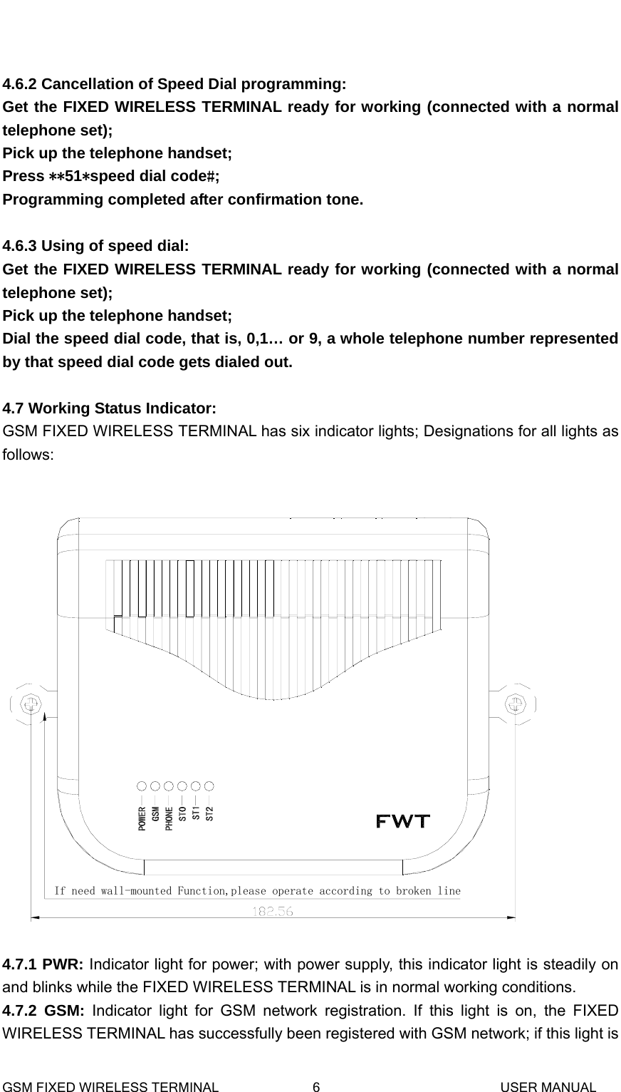    4.6.2 Cancellation of Speed Dial programming: Get the FIXED WIRELESS TERMINAL ready for working (connected with a normal telephone set); Pick up the telephone handset; Press **51*speed dial code#; Programming completed after confirmation tone.  4.6.3 Using of speed dial:   Get the FIXED WIRELESS TERMINAL ready for working (connected with a normal telephone set); Pick up the telephone handset; Dial the speed dial code, that is, 0,1&hellip; or 9, a whole telephone number represented by that speed dial code gets dialed out.  4.7 Working Status Indicator: GSM FIXED WIRELESS TERMINAL has six indicator lights; Designations for all lights as follows:  If need wall-mounted Function,please operate according to broken line  4.7.1 PWR: Indicator light for power; with power supply, this indicator light is steadily on and blinks while the FIXED WIRELESS TERMINAL is in normal working conditions. 4.7.2 GSM: Indicator light for GSM network registration. If this light is on, the FIXED WIRELESS TERMINAL has successfully been registered with GSM network; if this light is GSM FIXED WIRELESS TERMINAL              6                           USER MANUAL 