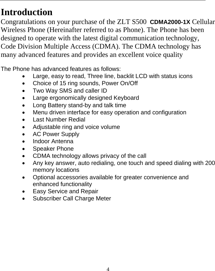 Page 4 of TOZED TECHNOLOGIES ZLTS500 CDMA Fixed wireless telephone User Manual 
