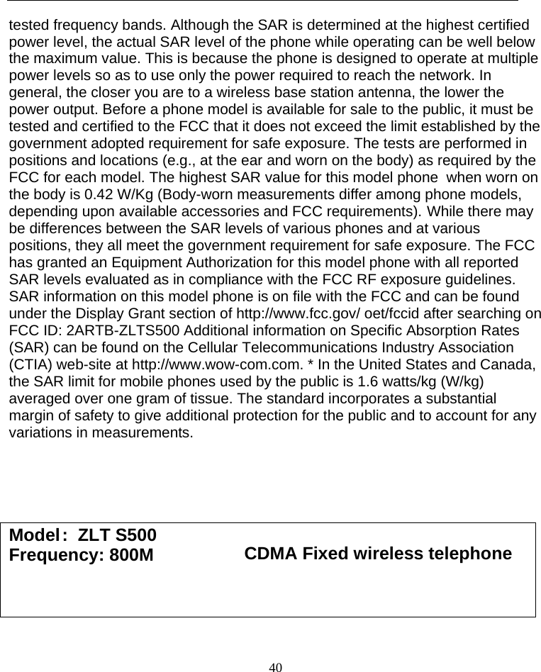 Page 40 of TOZED TECHNOLOGIES ZLTS500 CDMA Fixed wireless telephone User Manual 