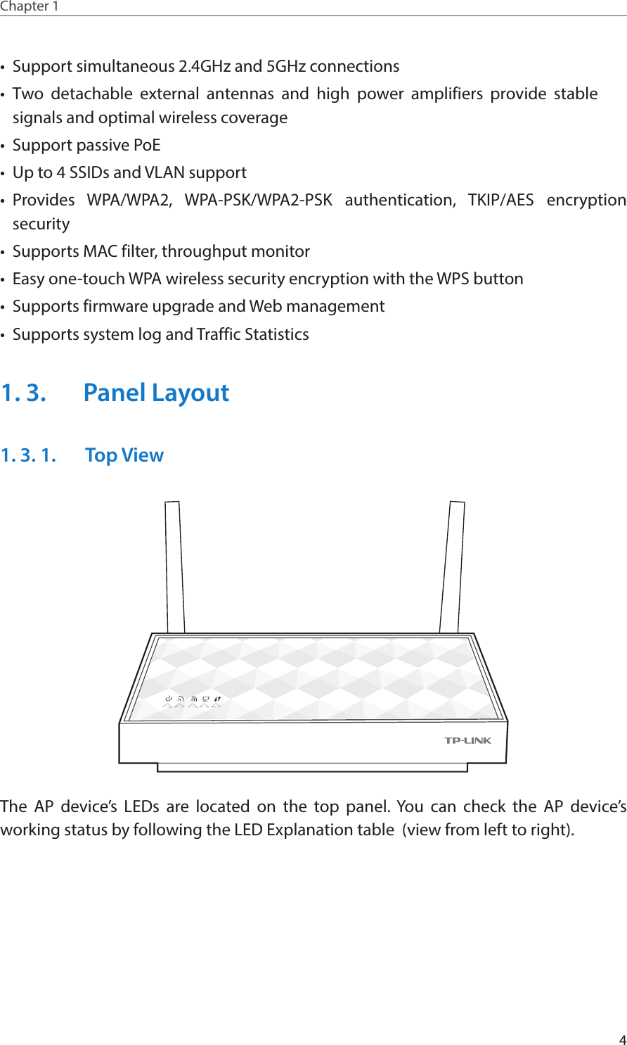 4Chapter 1  •  Support simultaneous 2.4GHz and 5GHz connections•  Two detachable external antennas and high power amplifiers provide stable signals and optimal wireless coverage•  Support passive PoE•  Up to 4 SSIDs and VLAN support•  Provides WPA/WPA2, WPA-PSK/WPA2-PSK authentication, TKIP/AES encryption security•  Supports MAC filter, throughput monitor•  Easy one-touch WPA wireless security encryption with the WPS button•  Supports firmware upgrade and Web management•  Supports system log and Traffic Statistics1. 3.  Panel Layout1. 3. 1.  Top ViewThe AP device’s LEDs are located on the top panel. You can check the AP device’s working status by following the LED Explanation table  (view from left to right).