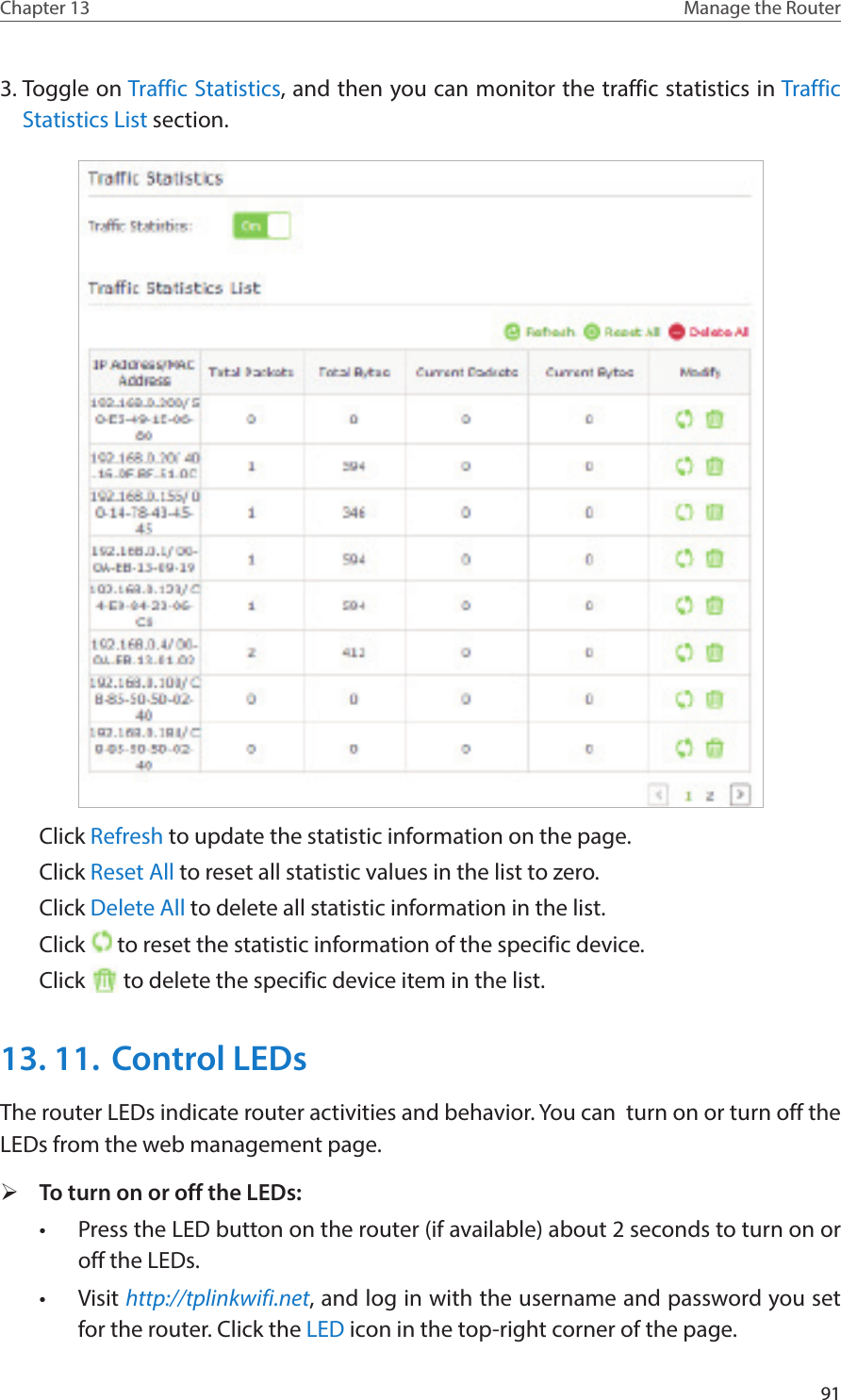91Chapter 13 Manage the Router 3. Toggle on Traffic Statistics, and then you can monitor the traffic statistics in Traffic Statistics List section. Click Refresh to update the statistic information on the page.Click Reset All to reset all statistic values in the list to zero.Click Delete All to delete all statistic information in the list.Click   to reset the statistic information of the specific device.Click   to delete the specific device item in the list.13. 11.  Control LEDsThe router LEDs indicate router activities and behavior. You can  turn on or turn off the LEDs from the web management page. ¾To turn on or off the LEDs:•  Press the LED button on the router (if available) about 2 seconds to turn on or off the LEDs.•  Visit http://tplinkwifi.net, and log in with the username and password you set for the router. Click the LED icon in the top-right corner of the page.