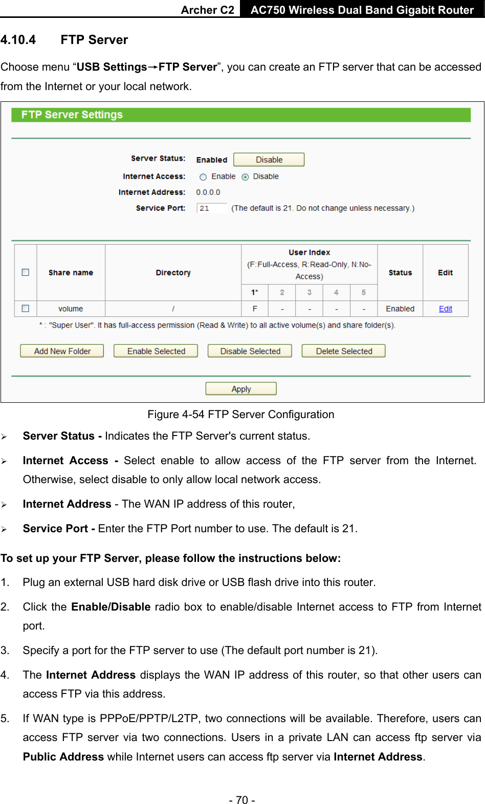 Archer C2 AC750 Wireless Dual Band Gigabit Router  - 70 - 4.10.4  FTP Server Choose menu “USB Settings→FTP Server”, you can create an FTP server that can be accessed from the Internet or your local network.    Figure 4-54 FTP Server Configuration  Server Status - Indicates the FTP Server&apos;s current status.    Internet Access - Select enable to allow access of the FTP server from the Internet. Otherwise, select disable to only allow local network access.    Internet Address - The WAN IP address of this router,  Service Port - Enter the FTP Port number to use. The default is 21.   To set up your FTP Server, please follow the instructions below:  1.  Plug an external USB hard disk drive or USB flash drive into this router.   2. Click the Enable/Disable radio box to enable/disable Internet access to FTP from Internet port.  3.  Specify a port for the FTP server to use (The default port number is 21).   4. The Internet Address displays the WAN IP address of this router, so that other users can access FTP via this address.   5.  If WAN type is PPPoE/PPTP/L2TP, two connections will be available. Therefore, users can access FTP server via two connections. Users in a private LAN can access ftp server via Public Address while Internet users can access ftp server via Internet Address.  