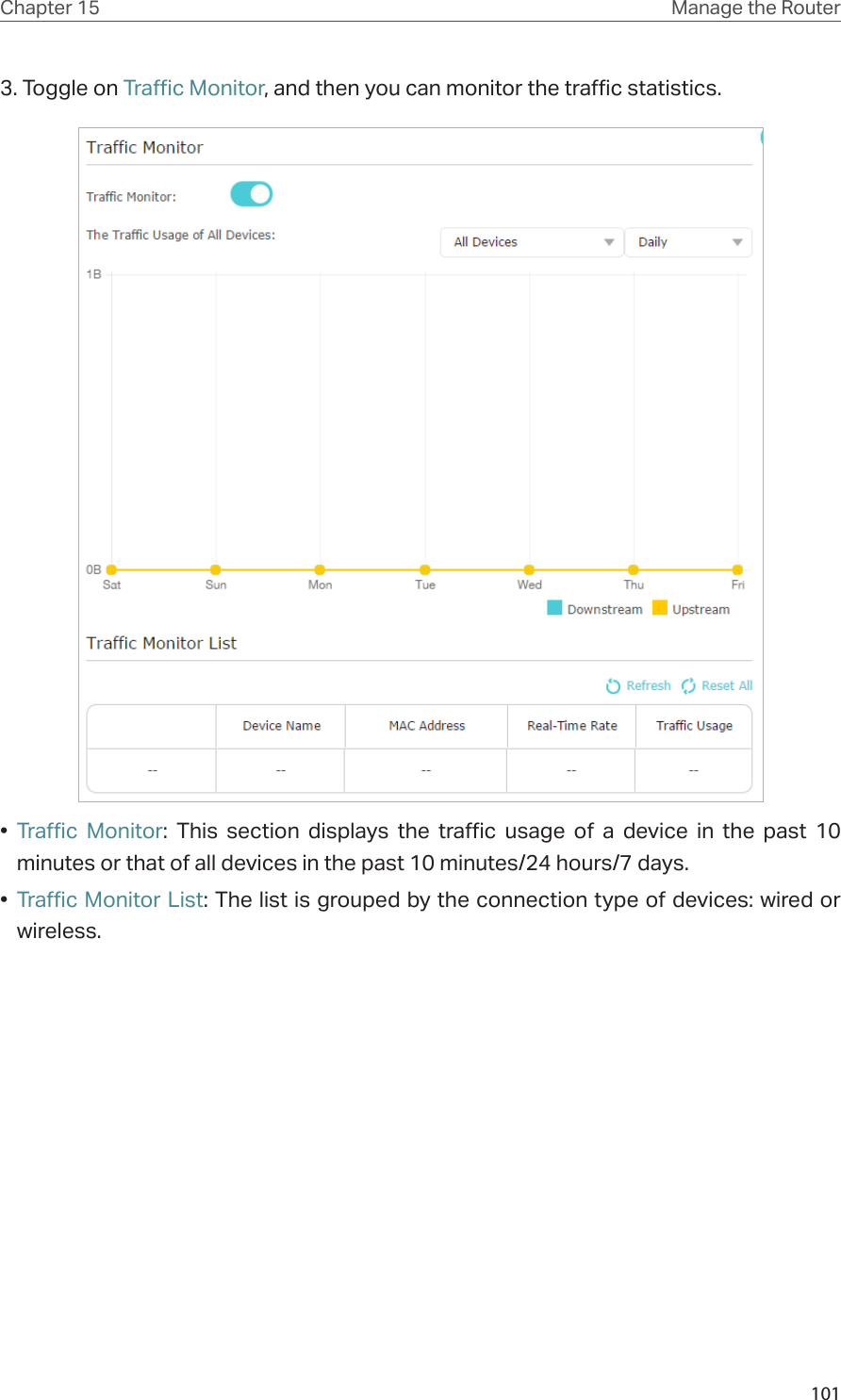 101Chapter 15 Manage the Router 3. Toggle on Traffic Monitor, and then you can monitor the traffic statistics. •  Traffic Monitor: This section displays the traffic usage of a device in the past 10 minutes or that of all devices in the past 10 minutes/24 hours/7 days.•  Traffic Monitor List: The list is grouped by the connection type of devices: wired or wireless.