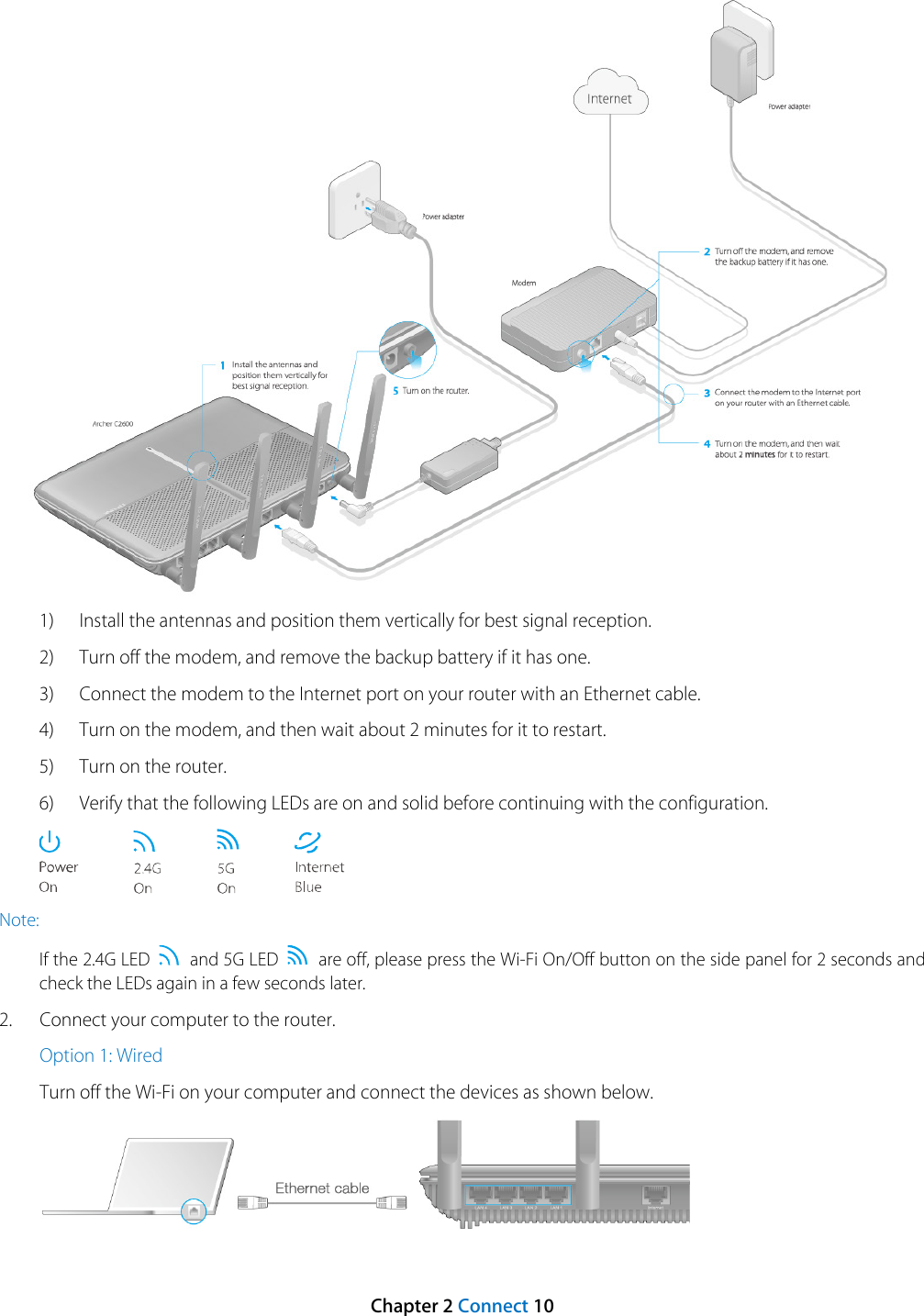   1) Install the antennas and position them vertically for best signal reception. 2) Turn off the modem, and remove the backup battery if it has one. 3) Connect the modem to the Internet port on your router with an Ethernet cable. 4) Turn on the modem, and then wait about 2 minutes for it to restart. 5) Turn on the router. 6) Verify that the following LEDs are on and solid before continuing with the configuration.  Note: If the 2.4G LED   and 5G LED   are off, please press the Wi-Fi On/Off button on the side panel for 2 seconds and check the LEDs again in a few seconds later. 2. Connect your computer to the router. Option 1: Wired Turn off the Wi-Fi on your computer and connect the devices as shown below.  Chapter 2 Connect 10 