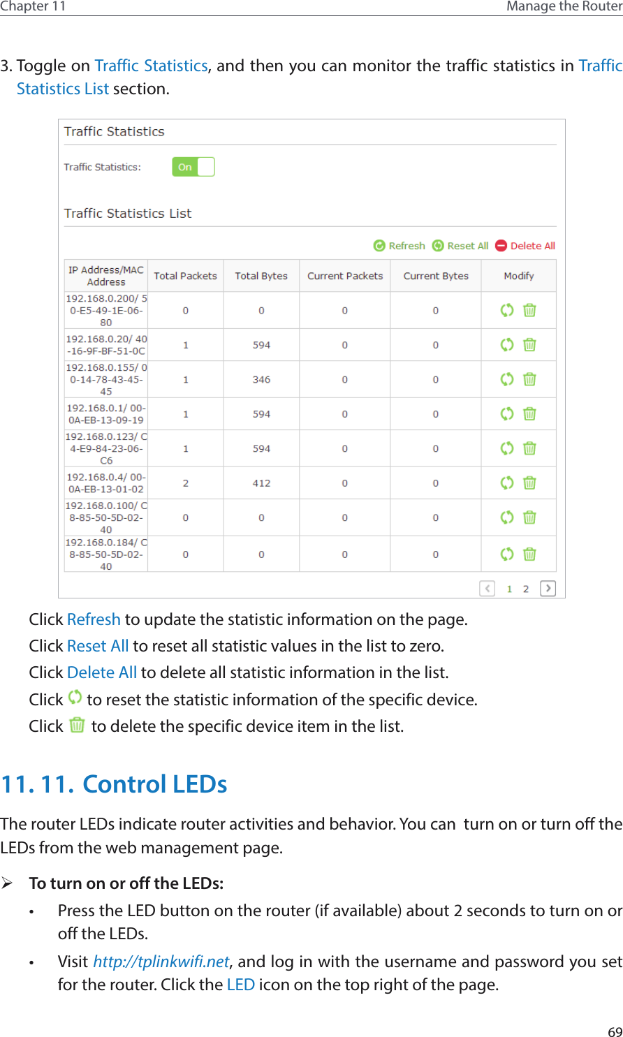 69Chapter 11 Manage the Router 3. Toggle on Traffic Statistics, and then you can monitor the traffic statistics in Traffic Statistics List section. Click Refresh to update the statistic information on the page.Click Reset All to reset all statistic values in the list to zero.Click Delete All to delete all statistic information in the list.Click   to reset the statistic information of the specific device.Click   to delete the specific device item in the list.11. 11.  Control LEDsThe router LEDs indicate router activities and behavior. You can  turn on or turn off the LEDs from the web management page. ¾To turn on or off the LEDs:•  Press the LED button on the router (if available) about 2 seconds to turn on or off the LEDs.•  Visit http://tplinkwifi.net, and log in with the username and password you set for the router. Click the LED icon on the top right of the page.