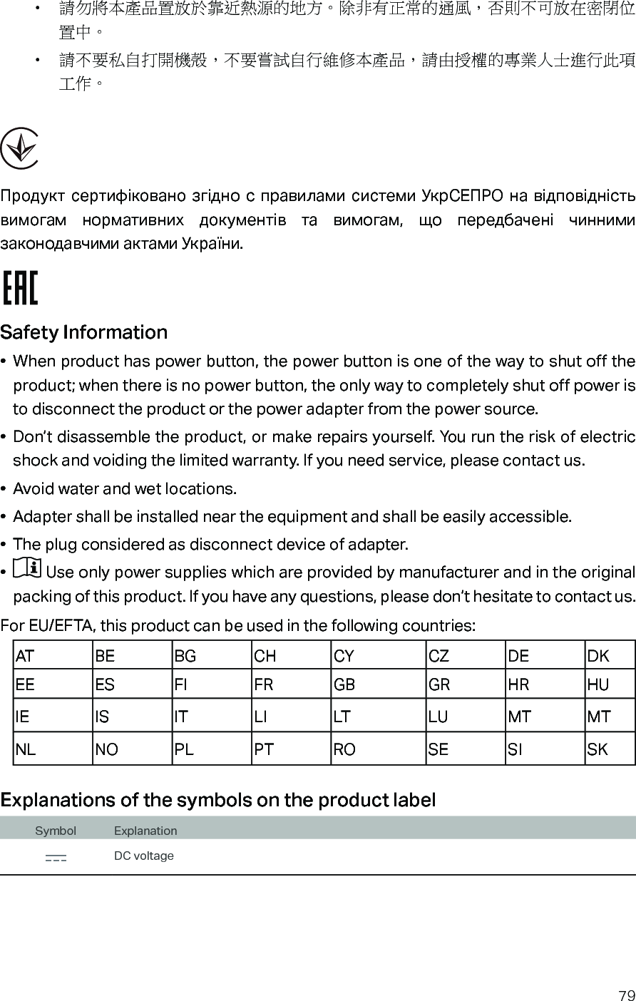 79•  請勿將本產品置放於靠近熱源的地方。除非有正常的通風，否則不可放在密閉位置中。 •  請不要私自打開機殼，不要嘗試自行維修本產品，請由授權的專業人士進行此項工作。Продукт  сертифіковано згідно  с  правилами  системи УкрСЕПРО  на  відповідність вимогам  нормативних  документів  та  вимогам,  що  передбачені  чинними законодавчими актами України. Safety Information•  When product has power button, the power button is one of the way to shut off the product; when there is no power button, the only way to completely shut off power is to disconnect the product or the power adapter from the power source.•  Don’t disassemble the product, or make repairs yourself. You run the risk of electric shock and voiding the limited warranty. If you need service, please contact us.•  Avoid water and wet locations.•  Adapter shall be installed near the equipment and shall be easily accessible.•  The plug considered as disconnect device of adapter.•   Use only power supplies which are provided by manufacturer and in the original packing of this product. If you have any questions, please don’t hesitate to contact us.For EU/EFTA, this product can be used in the following countries:AT BE BG CH CY CZ DE DKEE ES FI FR GB GR HR HUIE IS IT LI LT LU MT MTNL NO PL PT RO SE SI SKExplanations of the symbols on the product labelSymbol ExplanationDC voltage