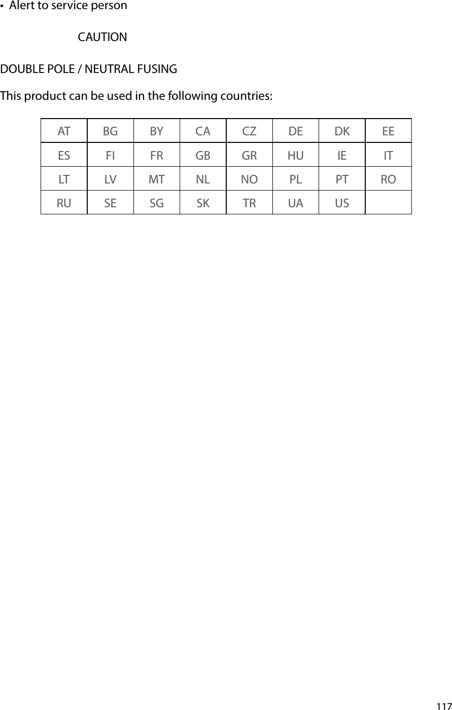 117•  Alert to service personCAUTIONDOUBLE POLE / NEUTRAL FUSINGThis product can be used in the following countries:AT BG BY CA CZ DE DK EEES FI FR GB GR HU IE ITLT LV MT NL NO PL PT RORU SE SG SK TR UA US