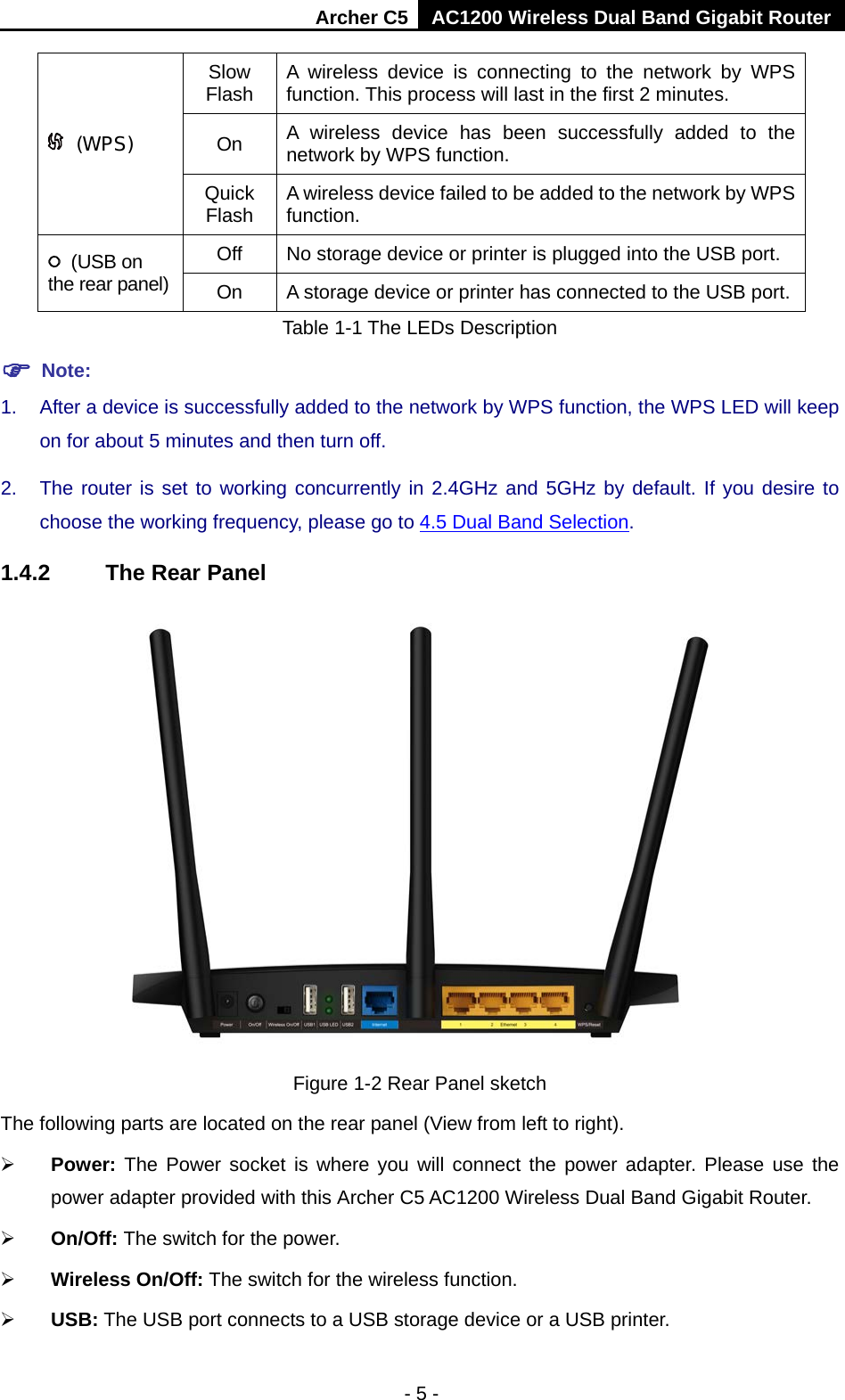 Archer C5 AC1200 Wireless Dual Band Gigabit Router  - 5 -   (WPS) Slow Flash A  wireless  device is connecting to the network by WPS function. This process will last in the first 2 minutes. On A  wireless  device has been successfully added to the network by WPS function.   Quick Flash A wireless device failed to be added to the network by WPS function.   (USB on the rear panel) Off No storage device or printer is plugged into the USB port. On A storage device or printer has connected to the USB port.  Table 1-1 The LEDs Description  Note: 1. After a device is successfully added to the network by WPS function, the WPS LED will keep on for about 5 minutes and then turn off.   2. The router is set to working concurrently in 2.4GHz and 5GHz by default. If you desire to choose the working frequency, please go to 4.5 Dual Band Selection. 1.4.2 The Rear Panel  Figure 1-2 Rear Panel sketch The following parts are located on the rear panel (View from left to right).  Power: The Power socket is where you will connect the power adapter.  Please use the power adapter provided with this Archer C5 AC1200 Wireless Dual Band Gigabit Router.  On/Off: The switch for the power.  Wireless On/Off: The switch for the wireless function.  USB: The USB port connects to a USB storage device or a USB printer. 