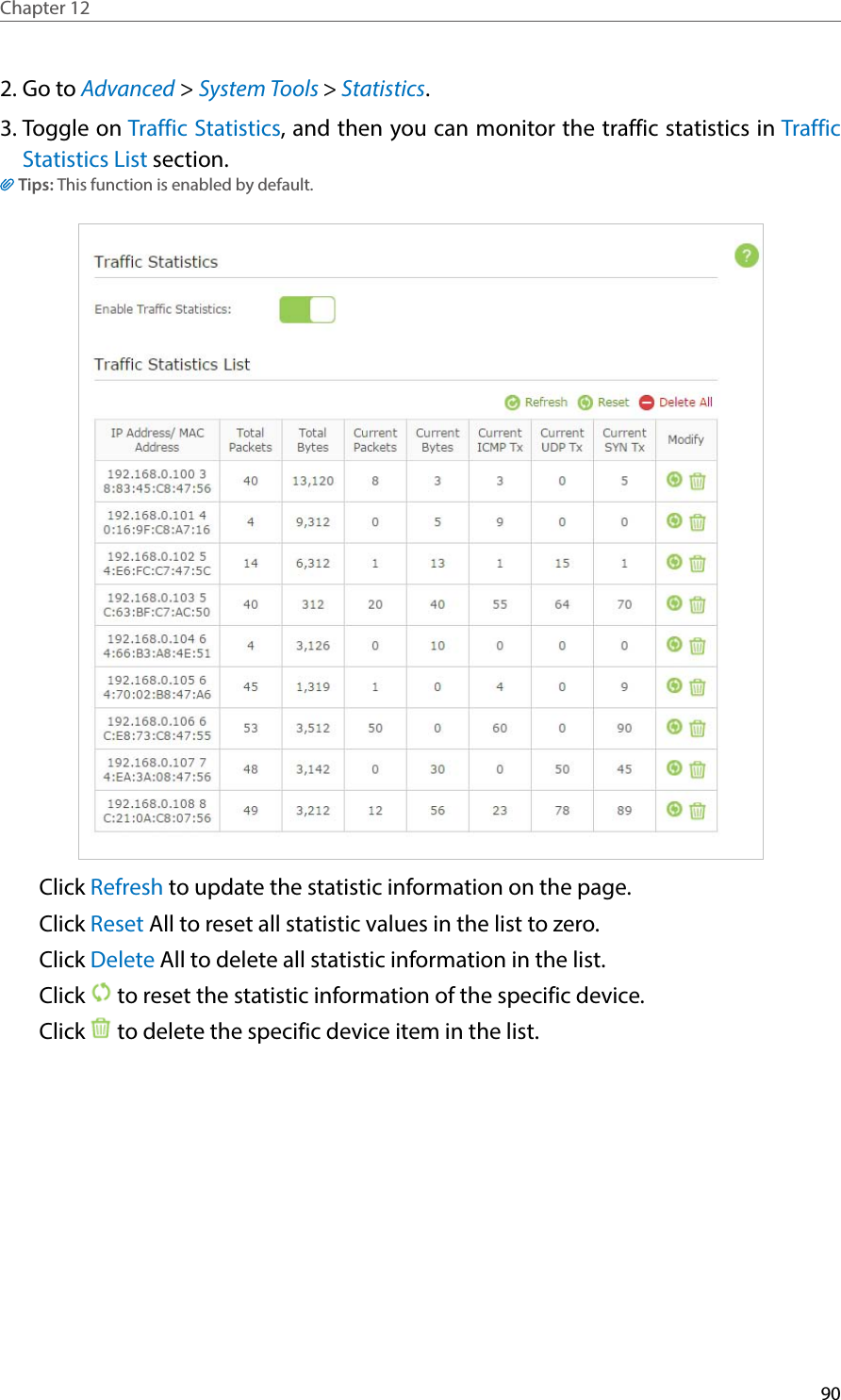 90Chapter 12  2. Go to Advanced &gt; System Tools &gt; Statistics.3. Toggle on Traffic Statistics, and then you can monitor the traffic statistics in Traffic Statistics List section.Tips: This function is enabled by default. Click Refresh to update the statistic information on the page.Click Reset All to reset all statistic values in the list to zero.Click Delete All to delete all statistic information in the list.Click   to reset the statistic information of the specific device.Click   to delete the specific device item in the list.