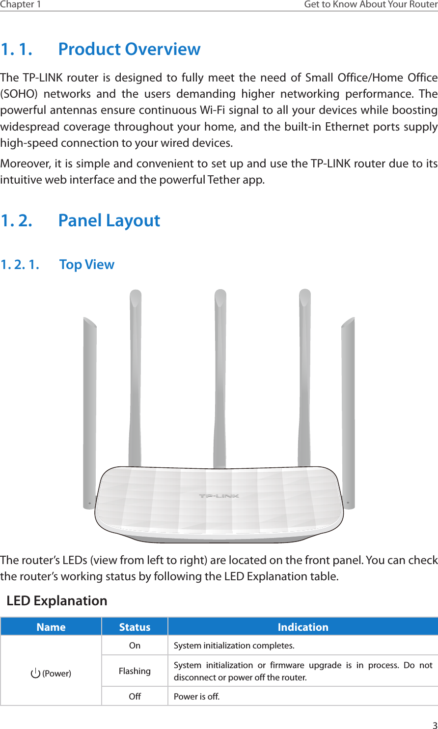 3Chapter 1 Get to Know About Your Router1. 1.  Product OverviewThe TP-LINK router is designed to fully meet the need of Small Office/Home Office (SOHO) networks and the users demanding higher networking performance. The powerful antennas ensure continuous Wi-Fi signal to all your devices while boosting widespread coverage throughout your home, and the built-in Ethernet ports supply high-speed connection to your wired devices.Moreover, it is simple and convenient to set up and use the TP-LINK router due to its intuitive web interface and the powerful Tether app.1. 2.  Panel Layout1. 2. 1.  Top ViewThe router’s LEDs (view from left to right) are located on the front panel. You can check the router’s working status by following the LED Explanation table.LED ExplanationName Status Indication (Power)On System initialization completes.Flashing System initialization or firmware upgrade is in process. Do not disconnect or power off the router.Off Power is off.